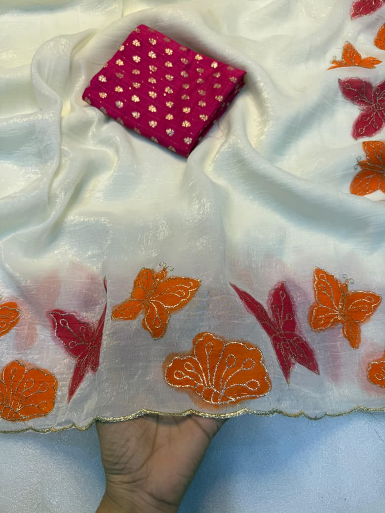 Soft Crunchy Silk Saree with Butterfly Embroidery Border & Contrast Embroidered Blouse | Designer Party Wear Saree