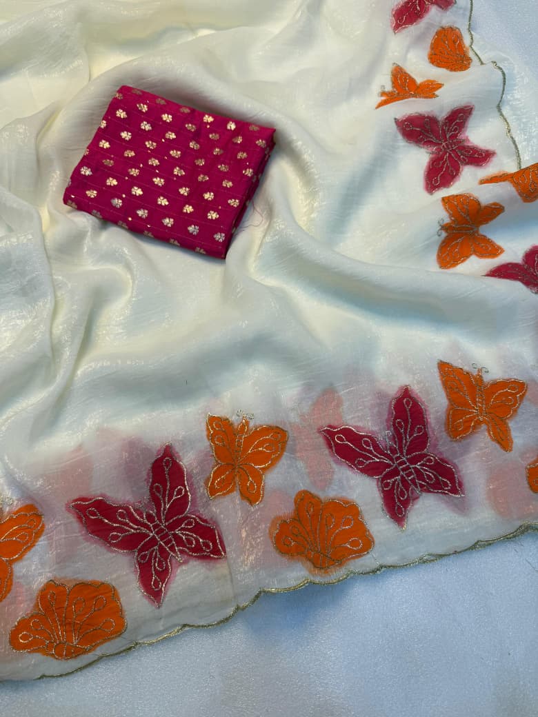 Soft Crunchy Silk Saree with Butterfly Embroidery Border & Contrast Embroidered Blouse | Designer Party Wear Saree