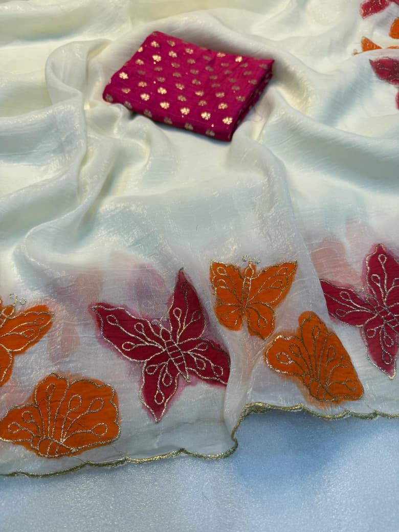Soft Crunchy Silk Saree with Butterfly Embroidery Border & Contrast Embroidered Blouse | Designer Party Wear Saree