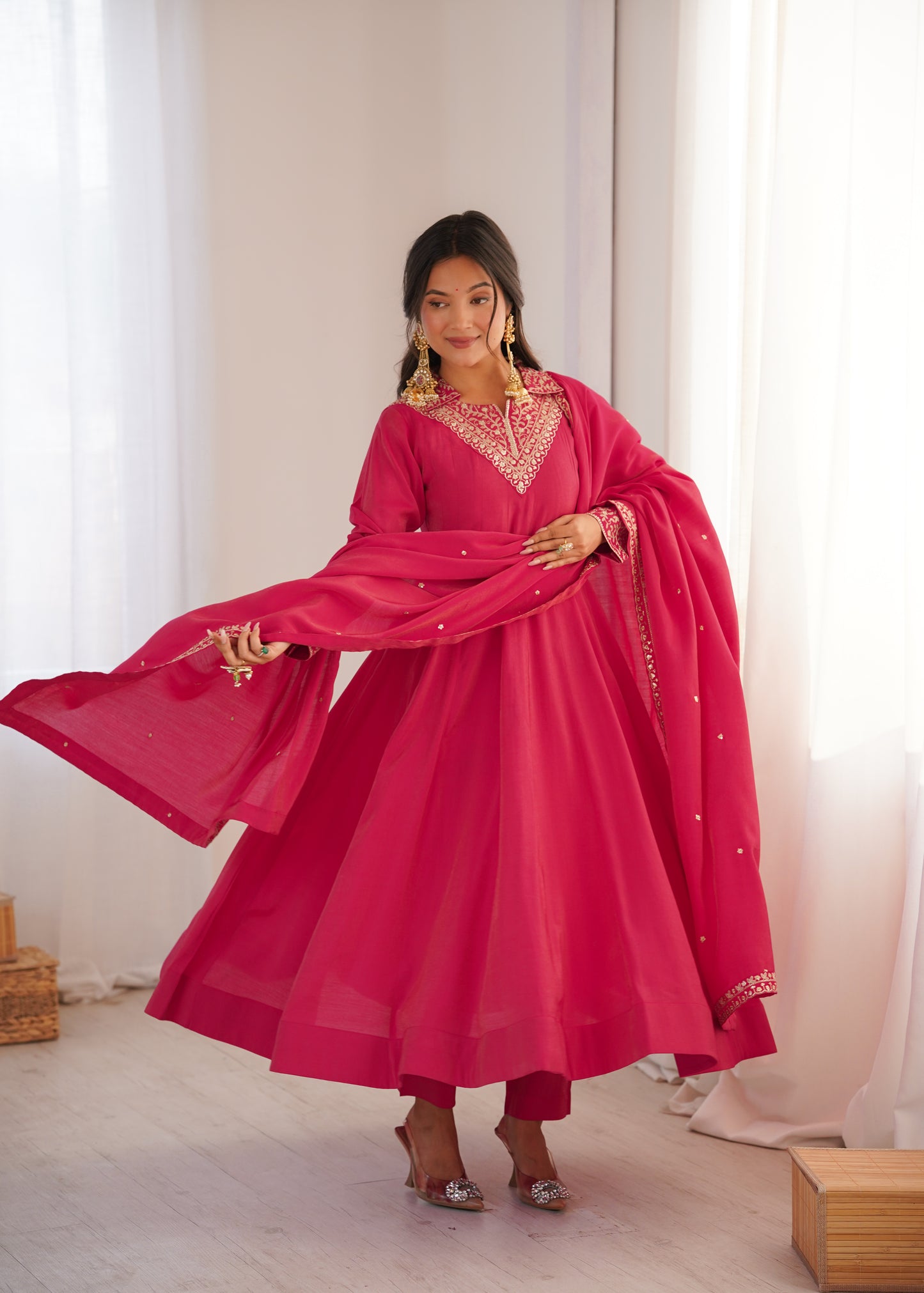 Heavy Roman Shimmer Silk Anarkali Suit Set with Dori, Zari & Sequence Work – 4 Meter Flare Gown