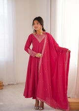 Full Flare Roman Shimmer Silk Anarkali Suit with Fancy Yoke Embroidery & Churidar Sleeves