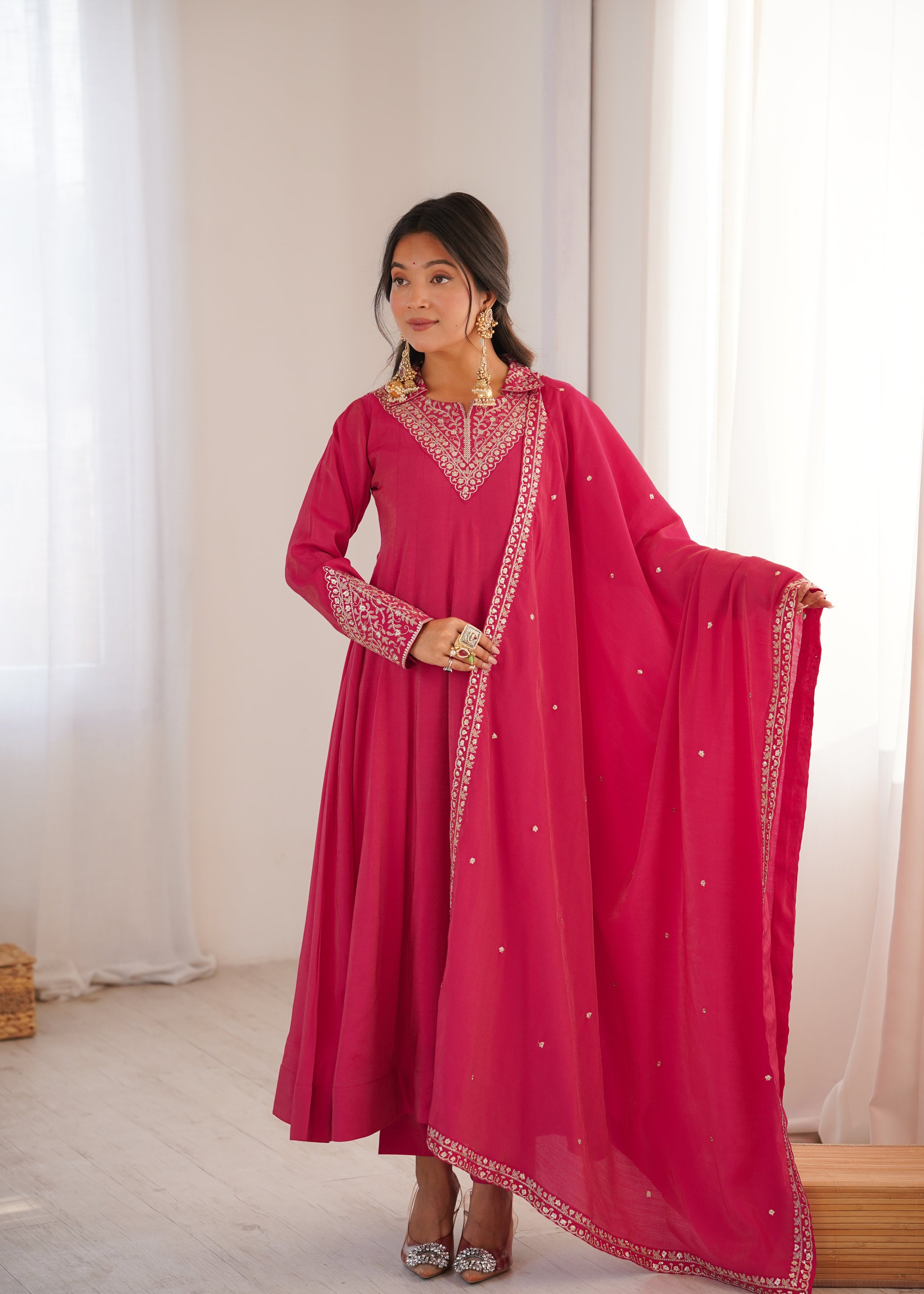 Full Flare Roman Shimmer Silk Anarkali Suit with Fancy Yoke Embroidery & Churidar Sleeves