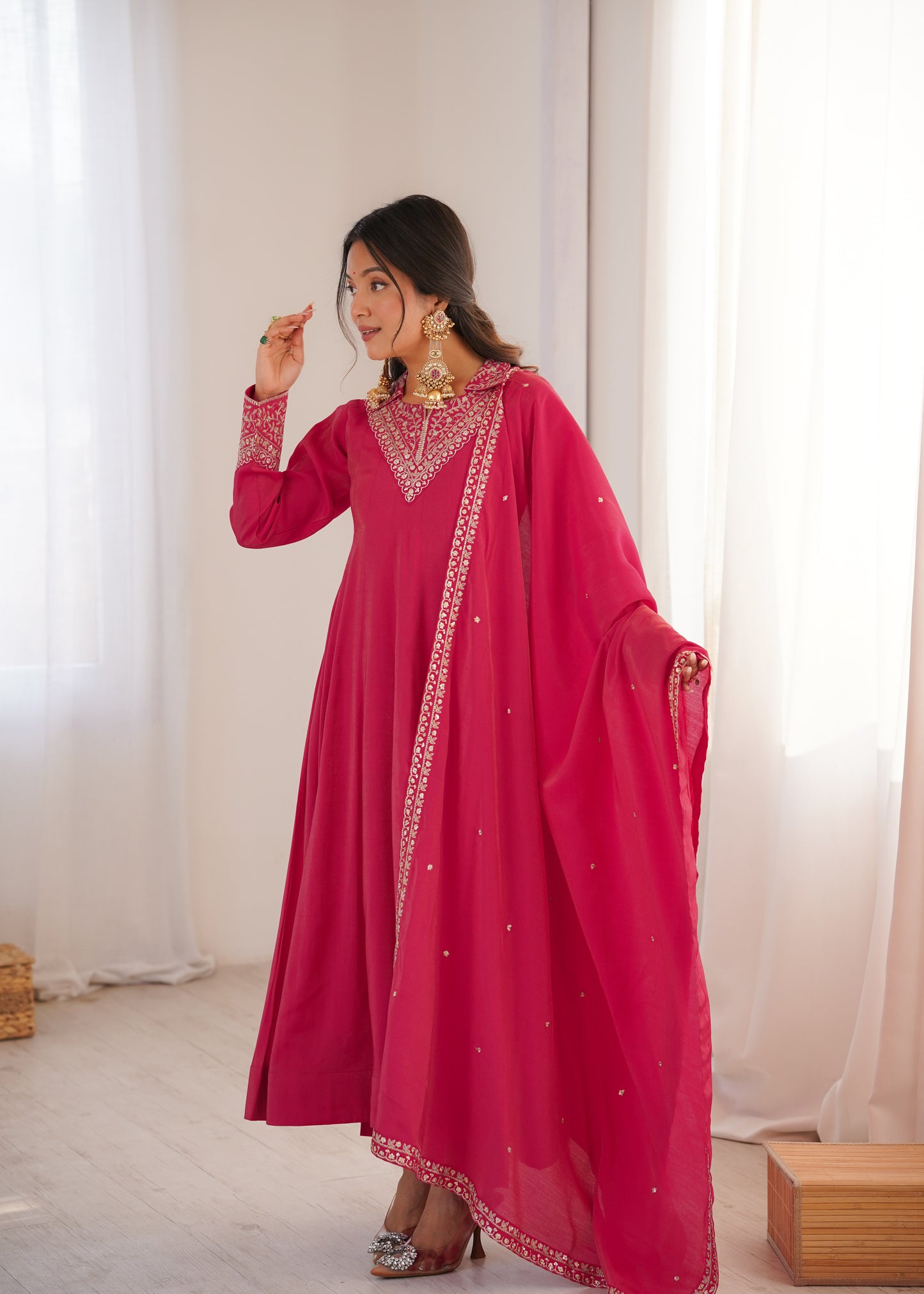 Heavy Roman Shimmer Silk Anarkali Suit Set with Dori, Zari & Sequence Work – 4 Meter Flare Gown