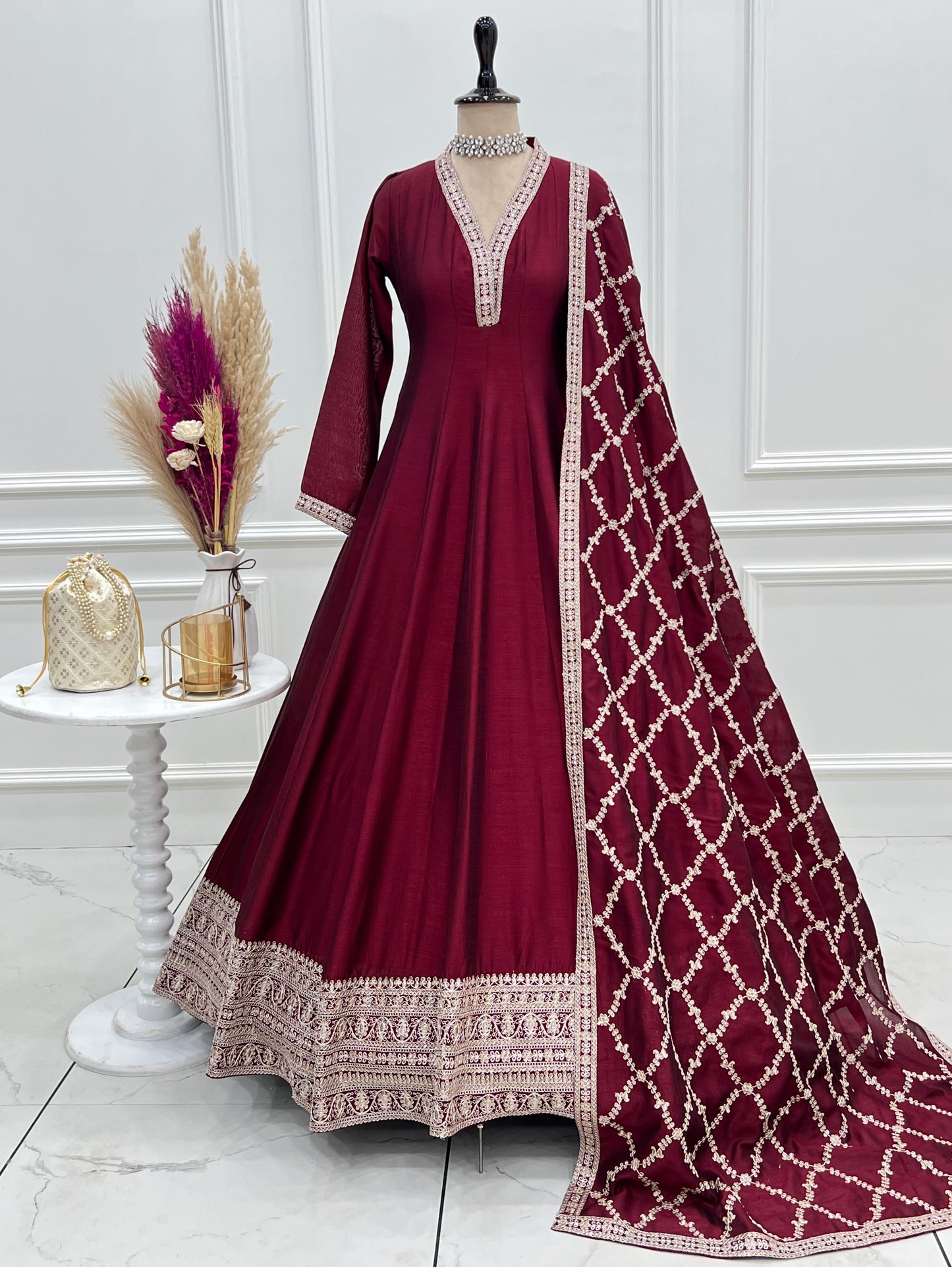 Heavy Blooming Vichitra Silk Anarkali Gown with Full Kali Pattern & Embroidered Dupatta