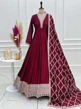 Heavy Blooming Vichitra Silk Anarkali Gown with Full Kali Pattern & Embroidered Dupatta