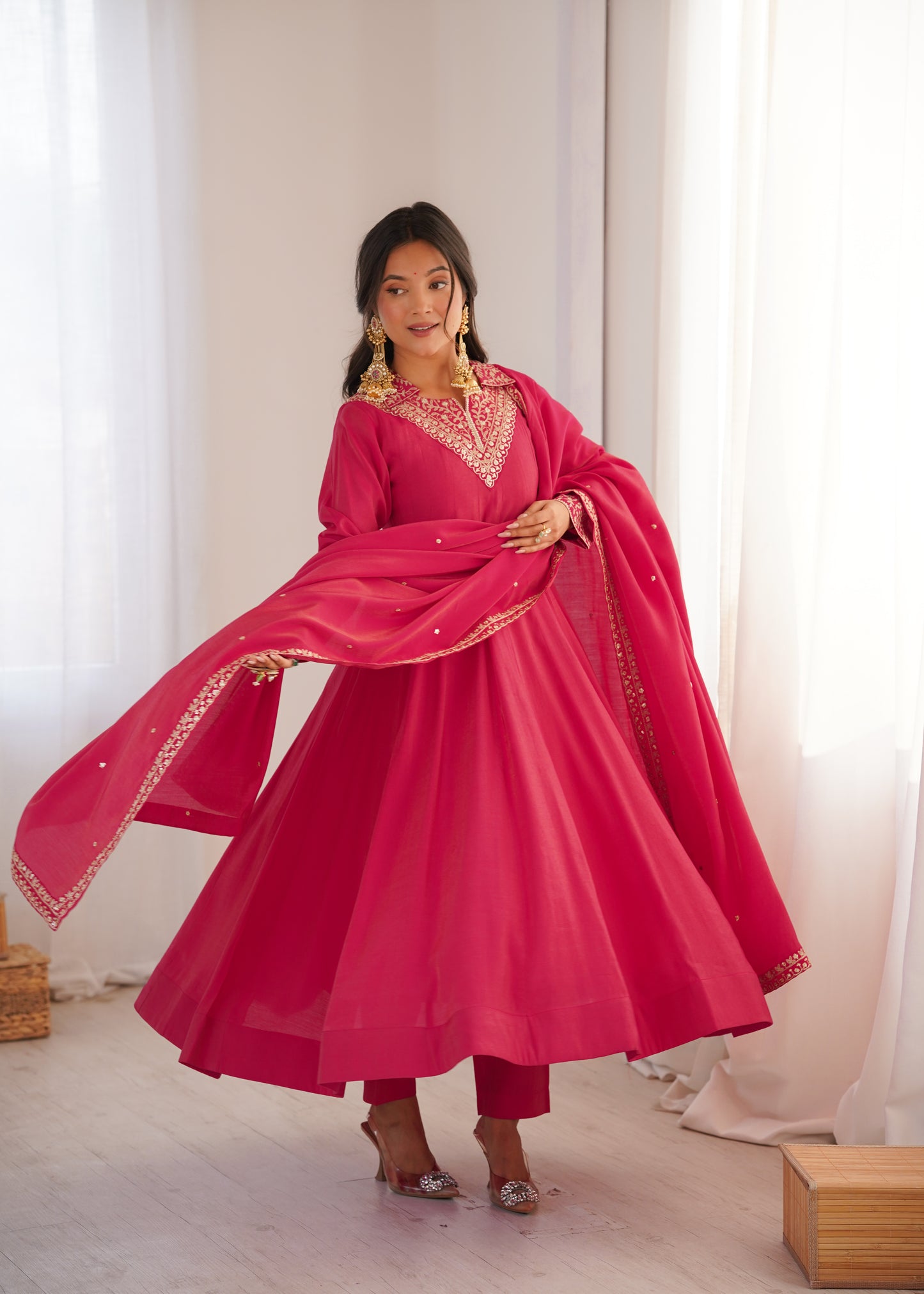 Premium Roman Shimmer Silk Anarkali Set with 4 Meter Kali Pattern & Embroidery Dupatta