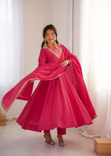 Premium Roman Shimmer Silk Anarkali Set with 4 Meter Kali Pattern & Embroidery Dupatta