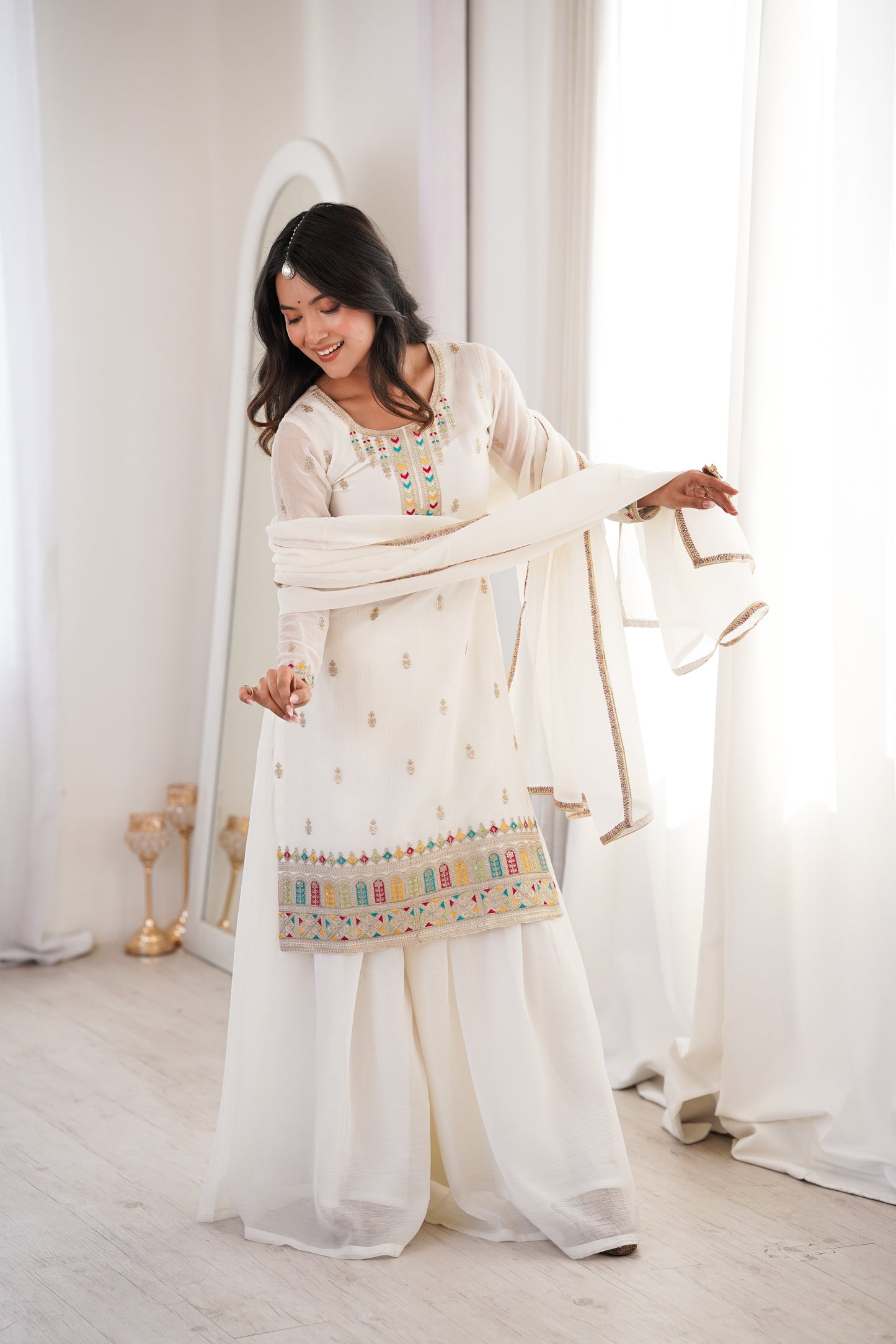Designer Crunchy Silk Kurta Sharara Set with Dori, Thread & Zari Embroidery – Ready to Wear Festive Outfit