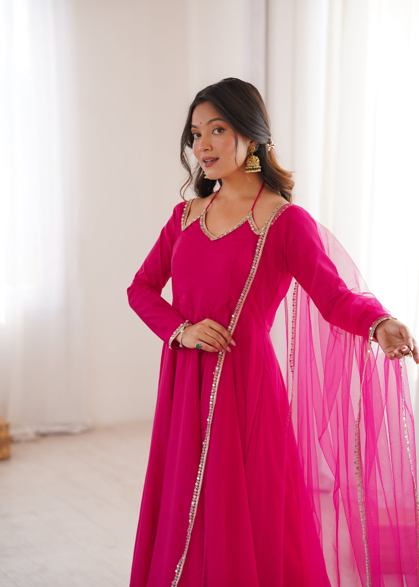 Premium Pure Roman Silk Chanderi Anarkali Gown Set with 4 Meter Flare, Lace Work & Net Dupatta