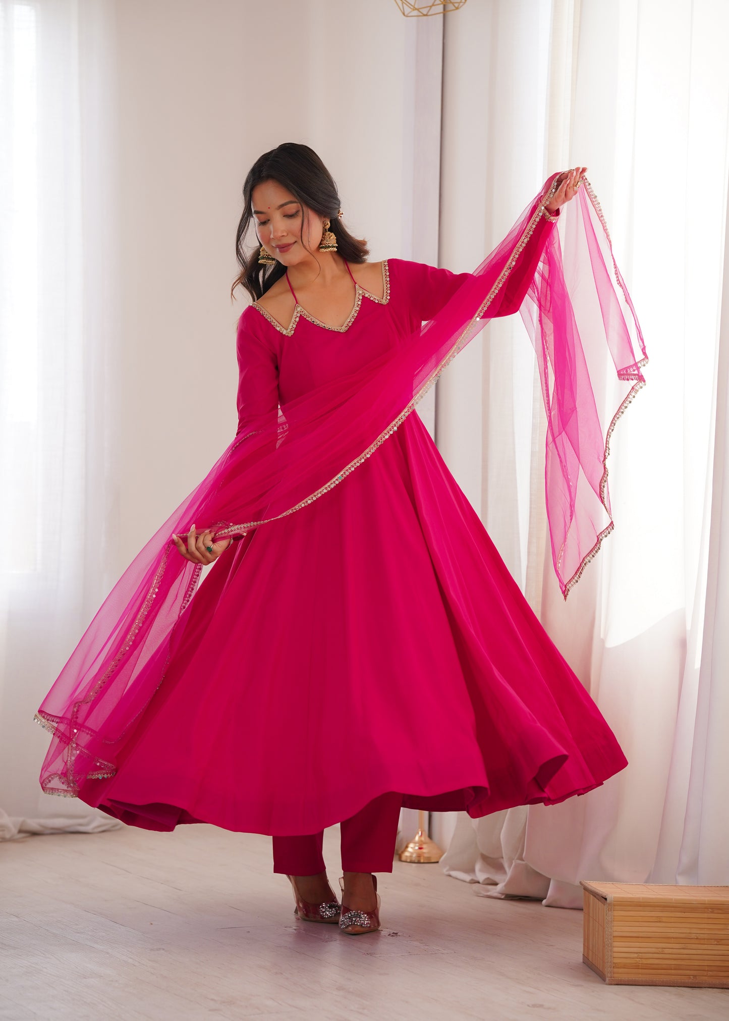 Premium Pure Roman Silk Chanderi Anarkali Gown Set with 4 Meter Flare, Lace Work & Net Dupatta