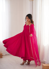 Premium Pure Roman Silk Chanderi Anarkali Gown Set with 4 Meter Flare, Lace Work & Net Dupatta
