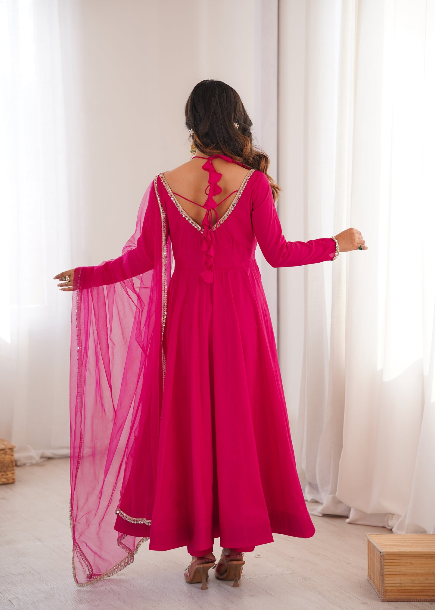 Premium Pure Roman Silk Chanderi Anarkali Gown Set with 4 Meter Flare, Lace Work & Net Dupatta