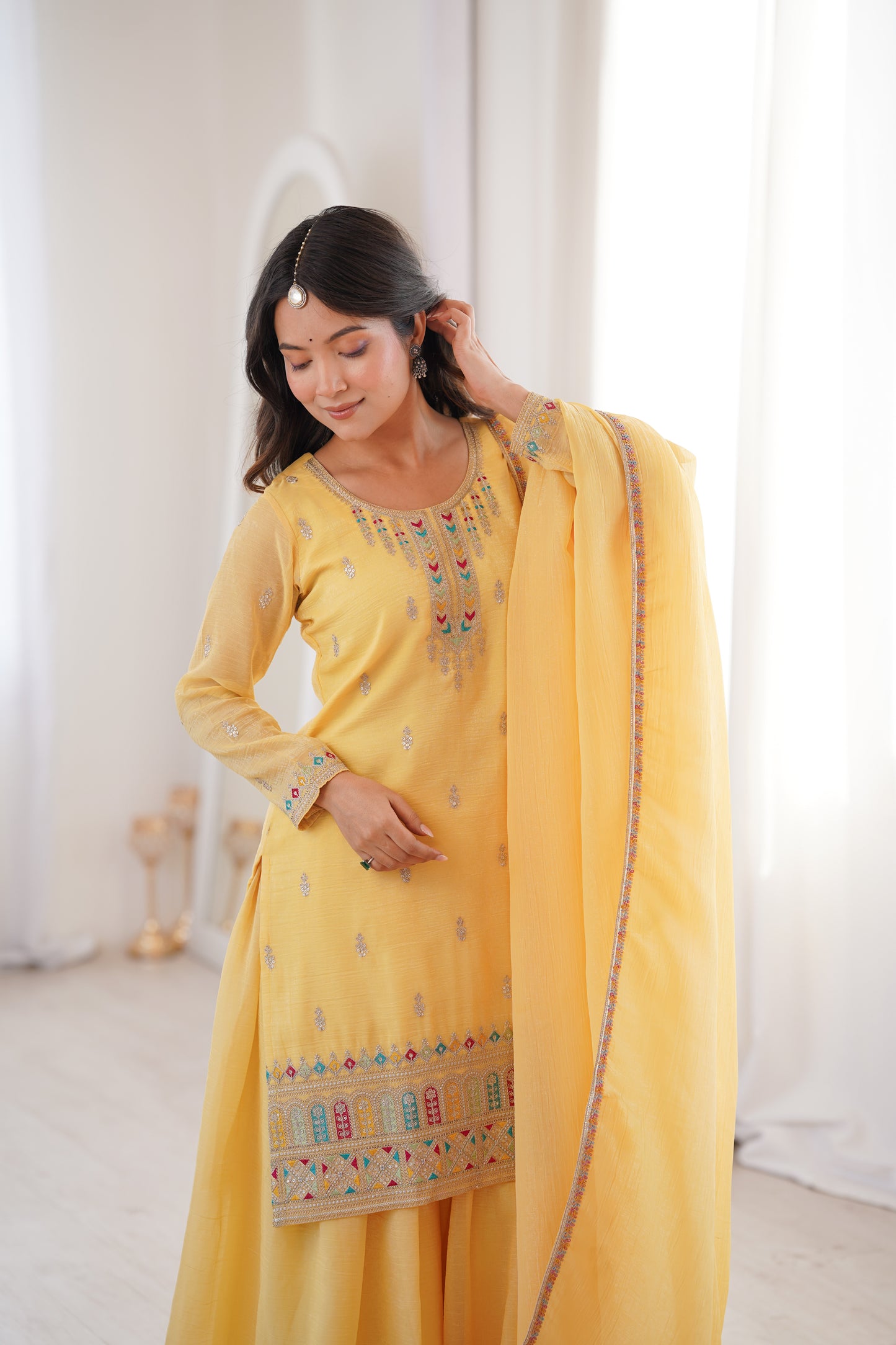 Premium Crunchy Silk Sharara Suit Set with Heavy Embroidery & Sequins Work – Fully Stitched Ethnic Party Wear