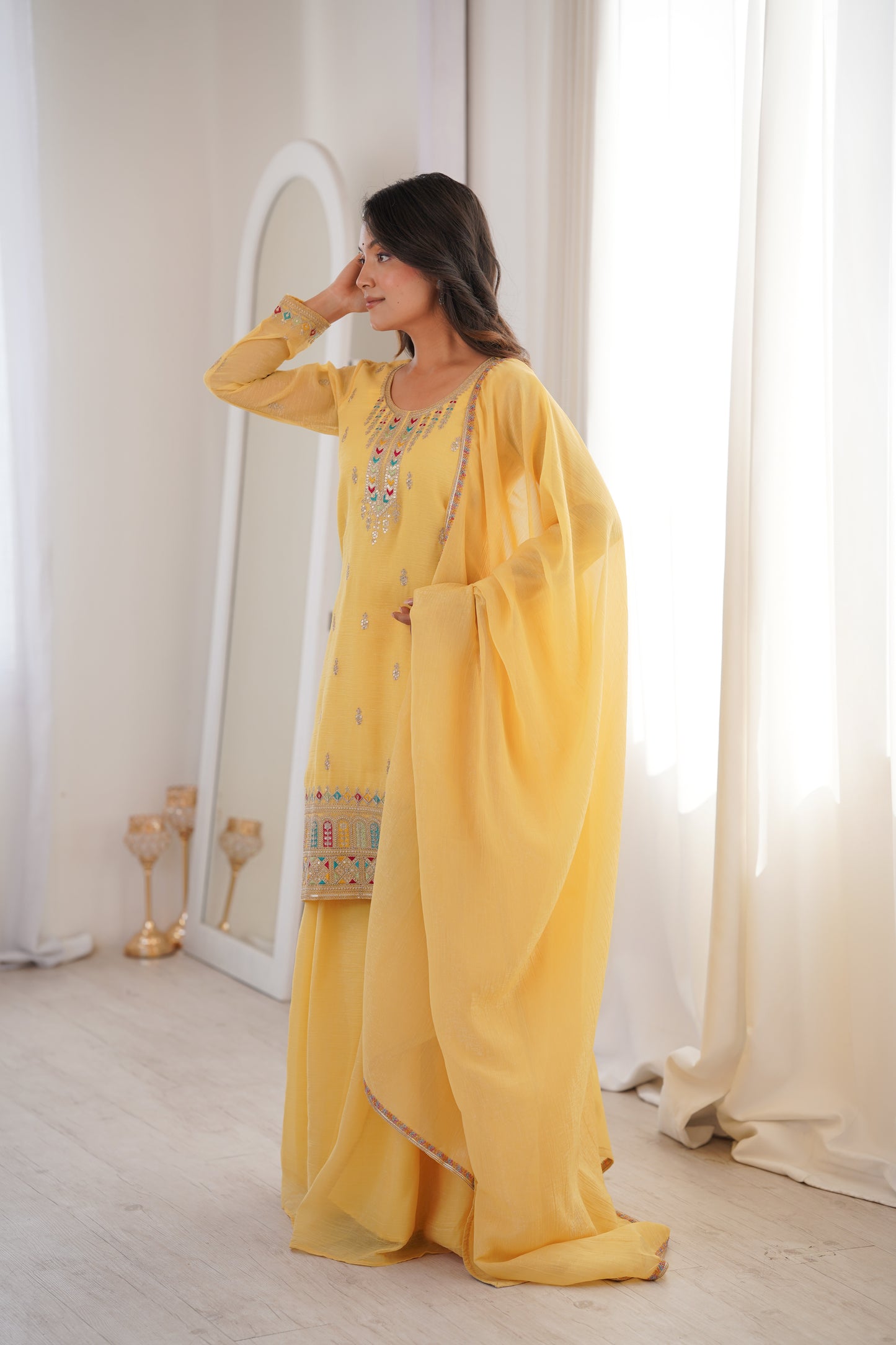 Premium Crunchy Silk Sharara Suit Set with Heavy Embroidery & Sequins Work – Fully Stitched Ethnic Party Wear