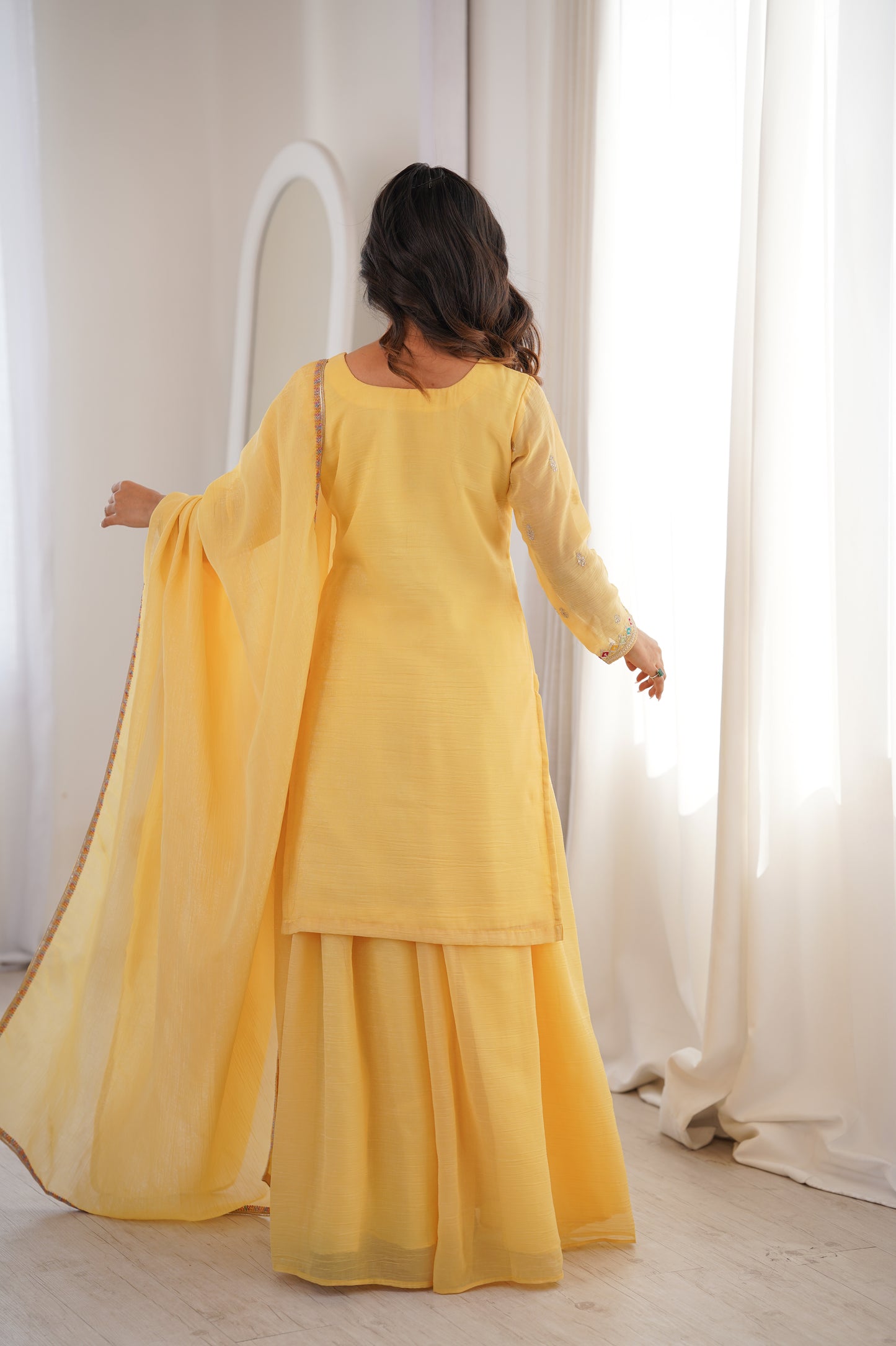 Premium Crunchy Silk Sharara Suit Set with Heavy Embroidery & Sequins Work – Fully Stitched Ethnic Party Wear