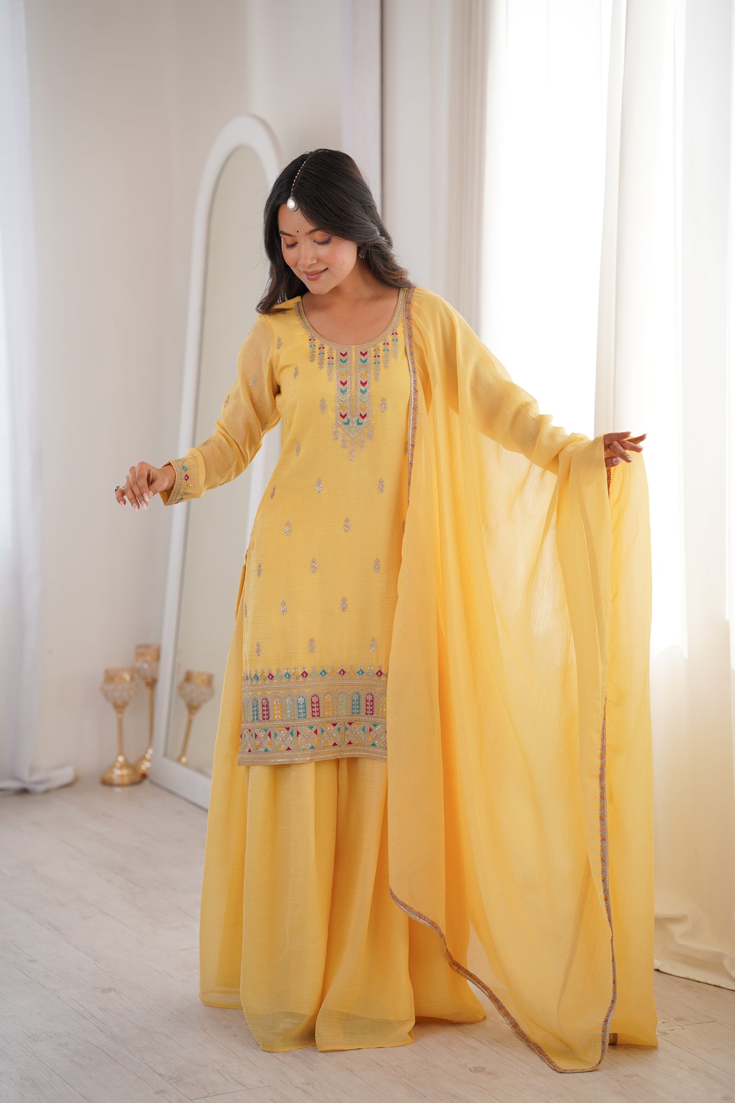Premium Crunchy Silk Sharara Suit Set with Heavy Embroidery & Sequins Work – Fully Stitched Ethnic Party Wear