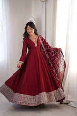 Heavy Blooming Vichitra Silk Anarkali Gown with Full Kali Pattern & Embroidered Dupatta