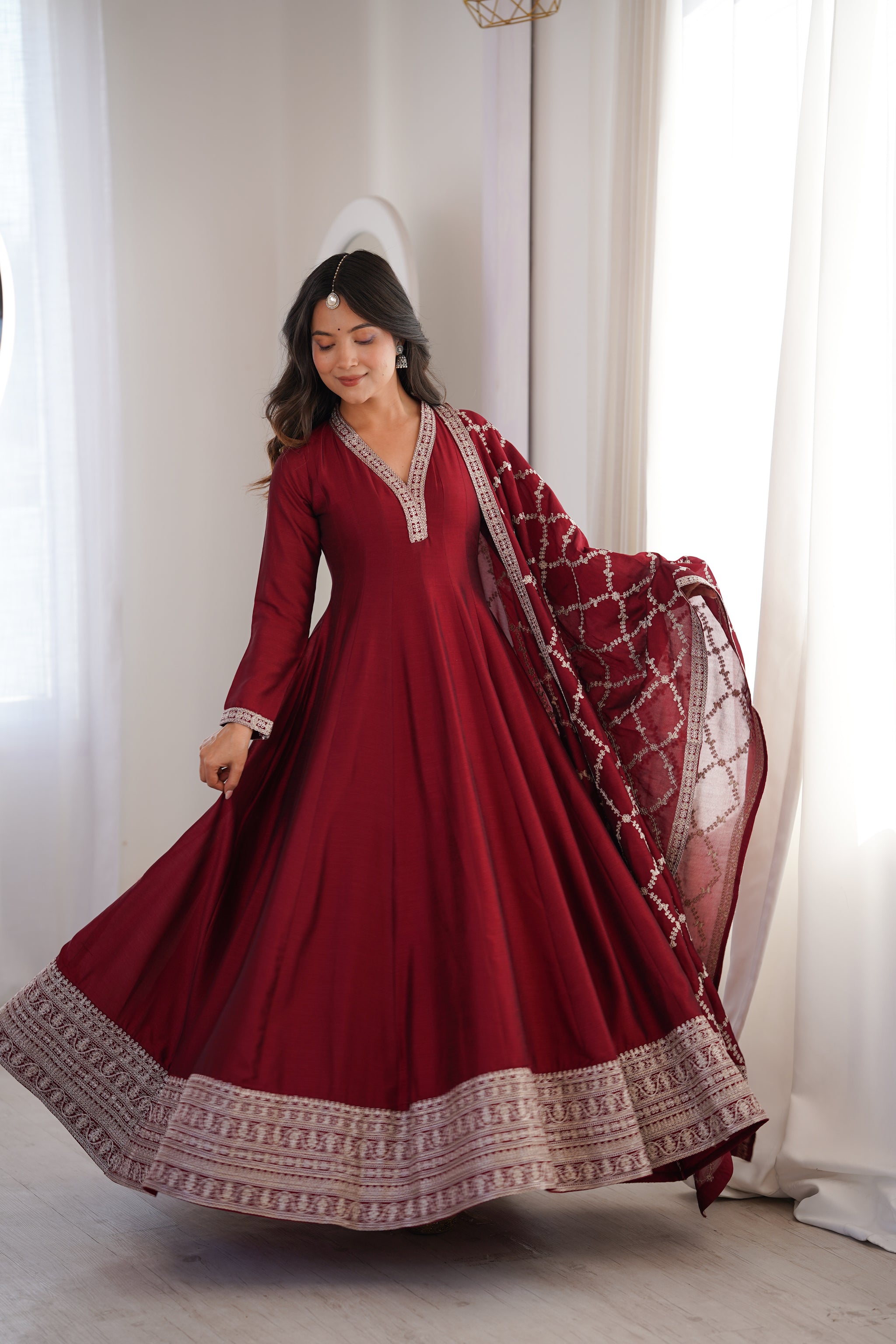 Heavy Blooming Vichitra Silk Anarkali Gown with Full Kali Pattern & Embroidered Dupatta