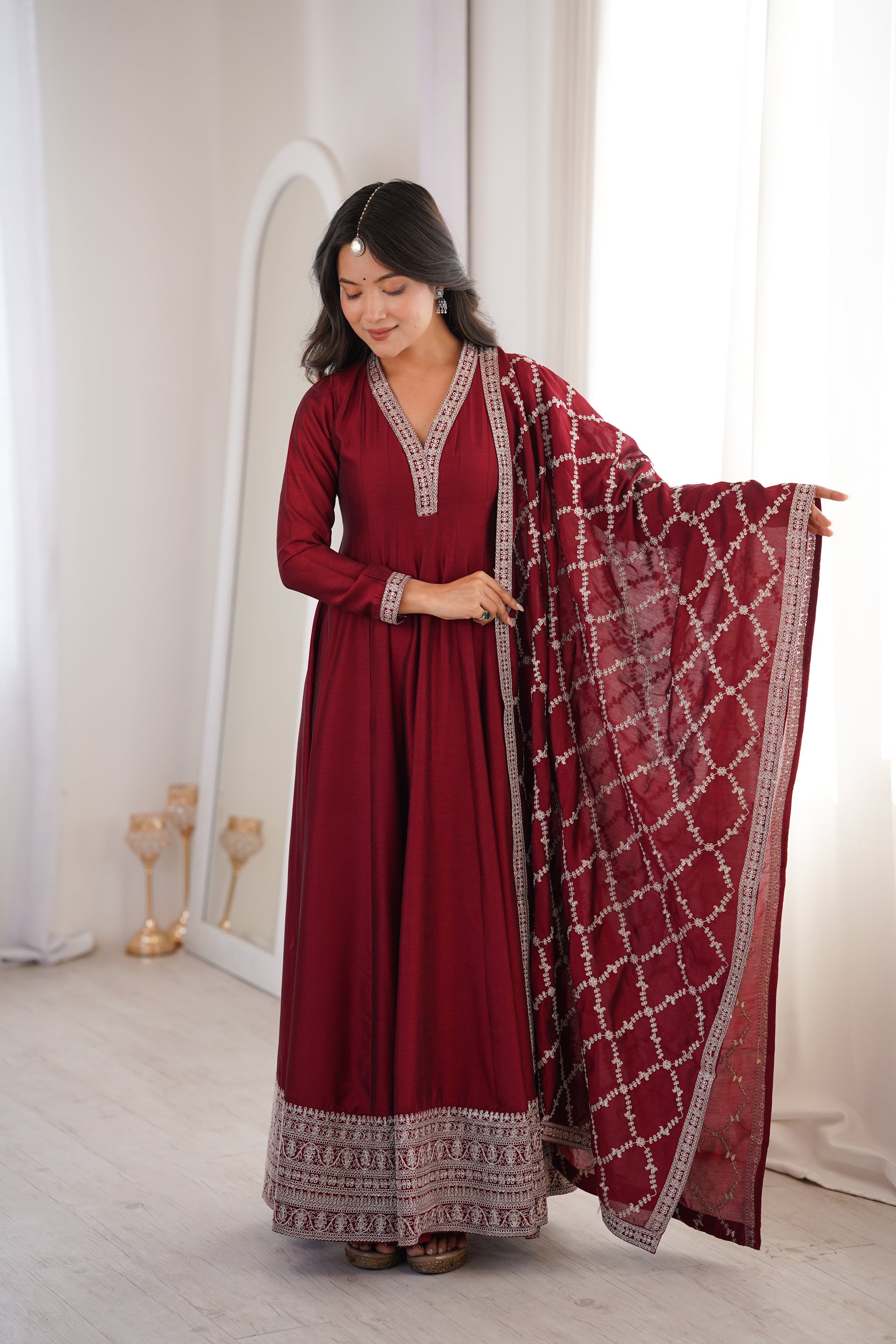 Heavy Blooming Vichitra Silk Anarkali Gown with Full Kali Pattern & Embroidered Dupatta