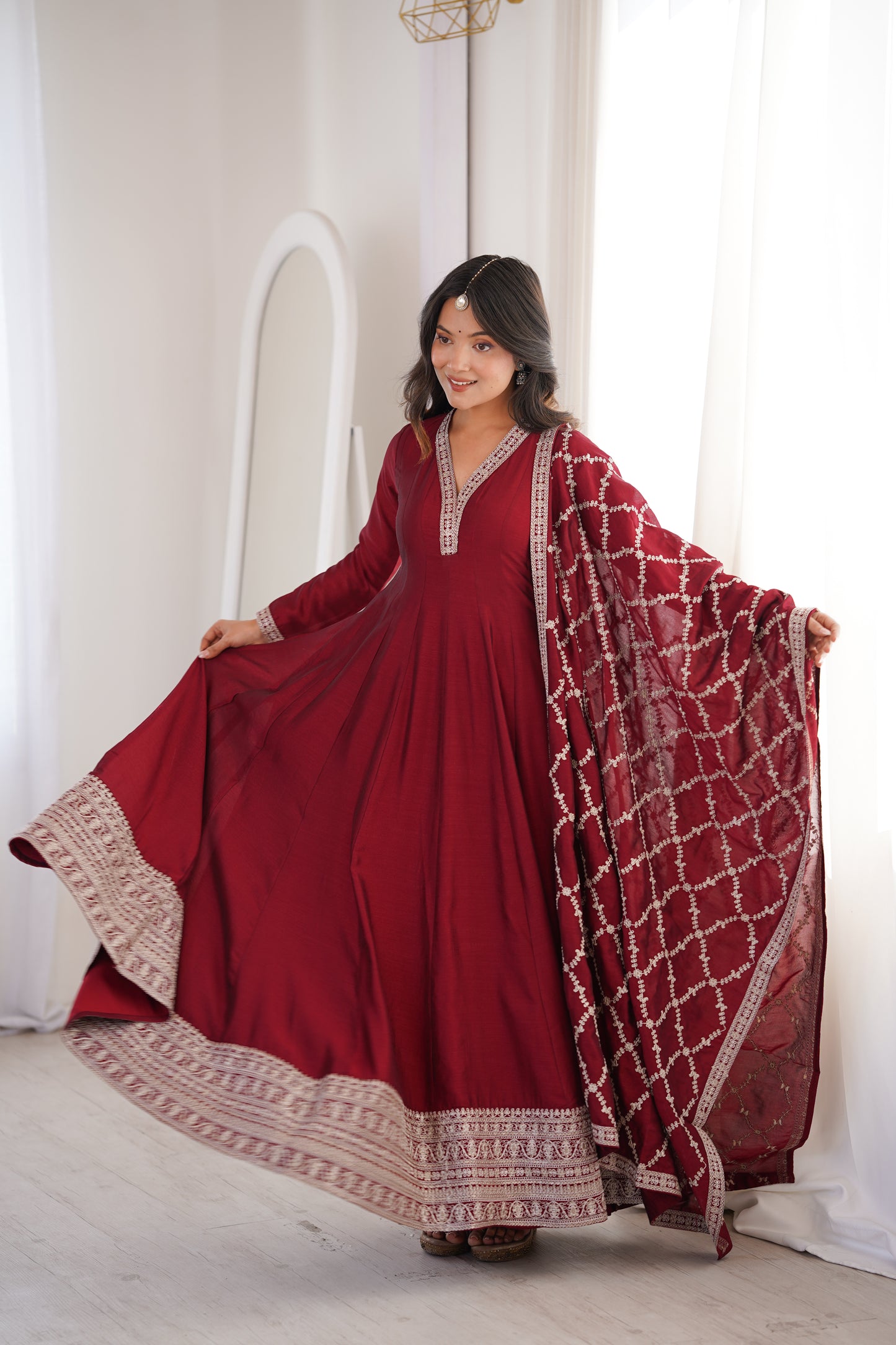 Heavy Blooming Vichitra Silk Anarkali Gown with Full Kali Pattern & Embroidered Dupatta
