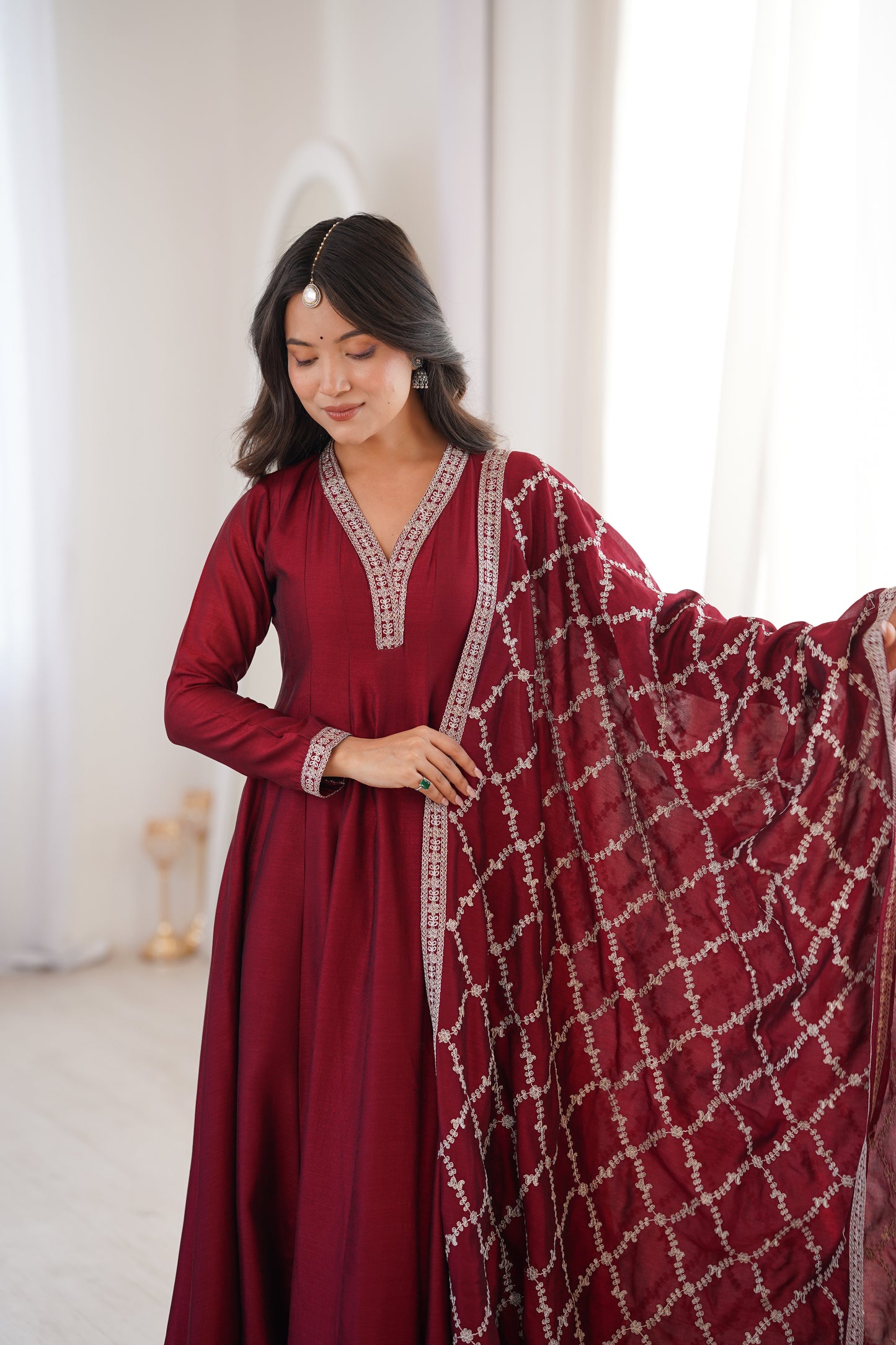 Heavy Blooming Vichitra Silk Anarkali Gown with Full Kali Pattern & Embroidered Dupatta