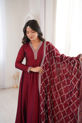 Heavy Blooming Vichitra Silk Anarkali Gown with Full Kali Pattern & Embroidered Dupatta