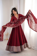 Heavy Blooming Vichitra Silk Anarkali Gown with Full Kali Pattern & Embroidered Dupatta