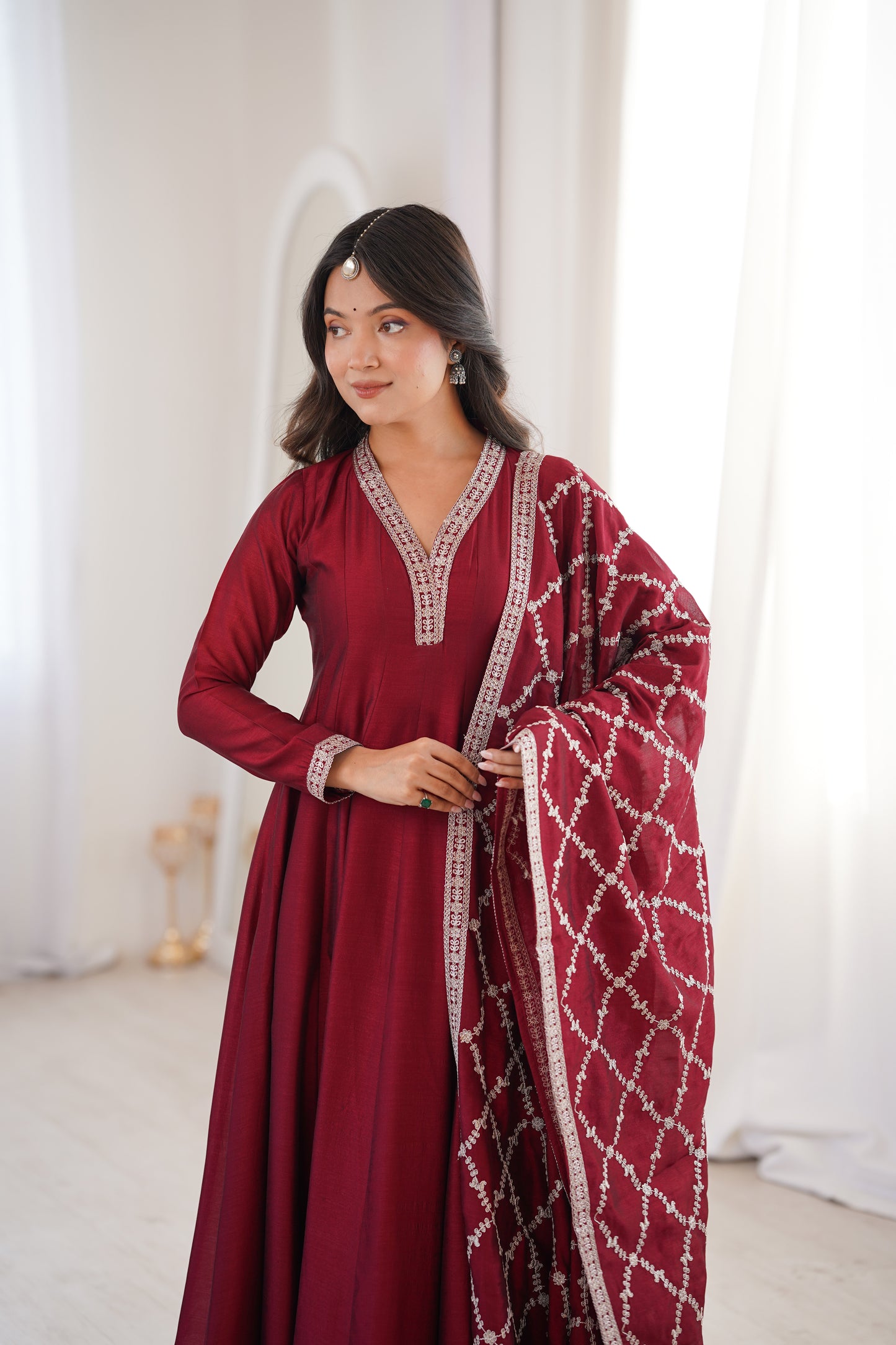 Heavy Blooming Vichitra Silk Anarkali Gown with Full Kali Pattern & Embroidered Dupatta