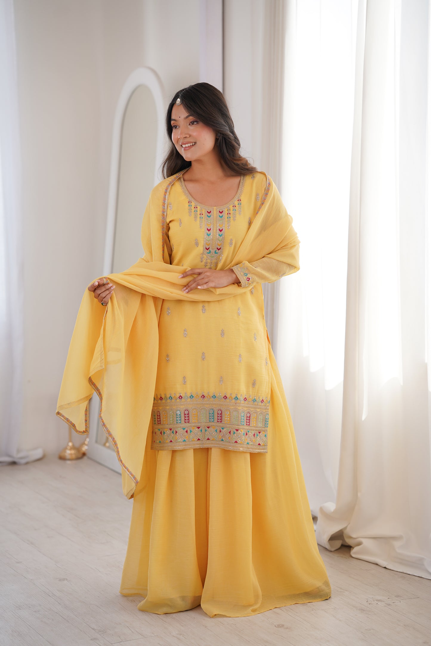 Premium Crunchy Silk Sharara Suit Set with Heavy Embroidery & Sequins Work – Fully Stitched Ethnic Party Wear