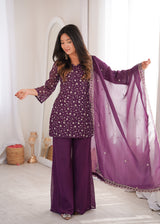 Elegant Embroidered Crunchy Silk Straight Kurta Set with Bell Bottom Palazzo