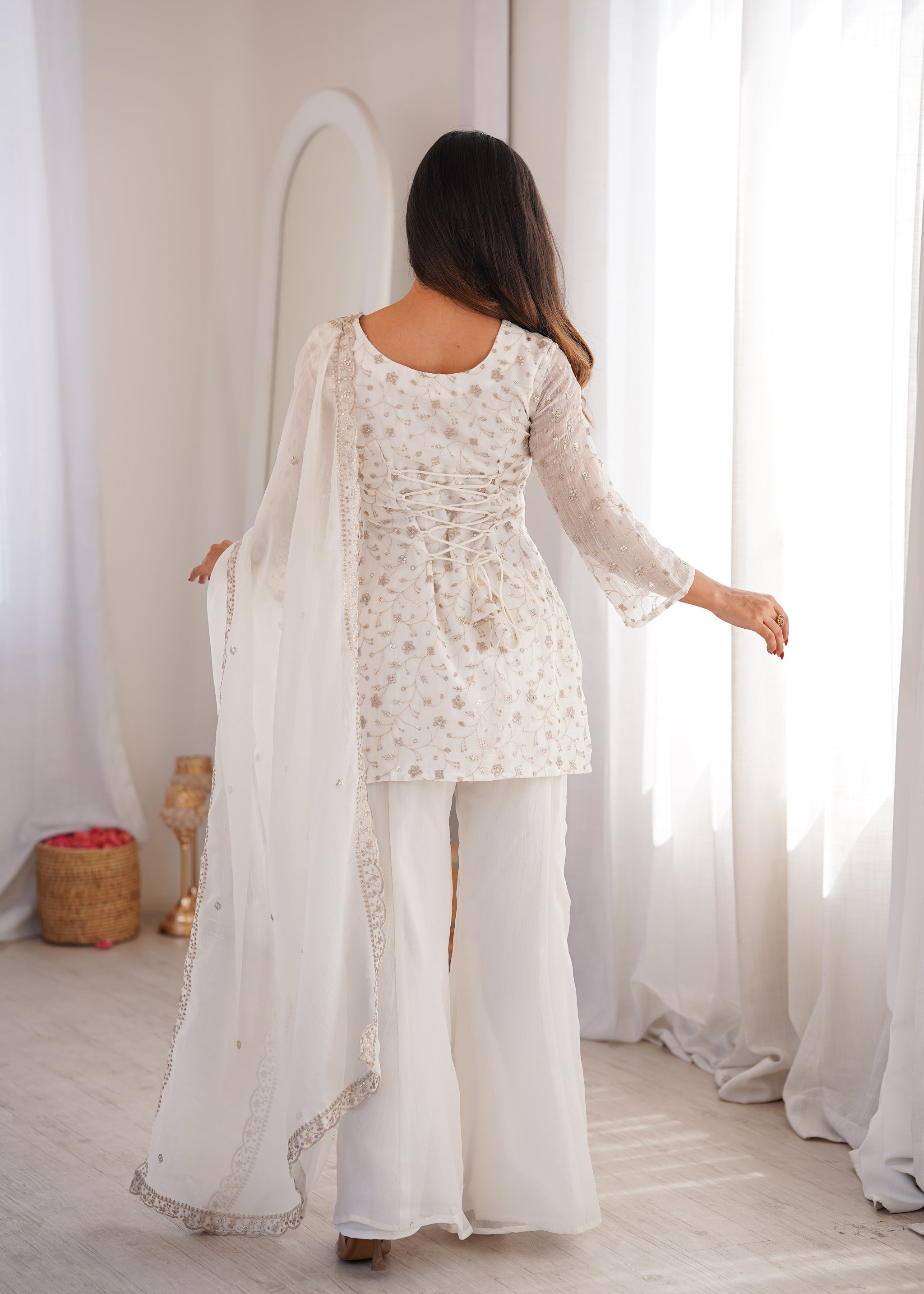 Elegant Embroidered Crunchy Silk Straight Kurta Set with Bell Bottom Palazzo