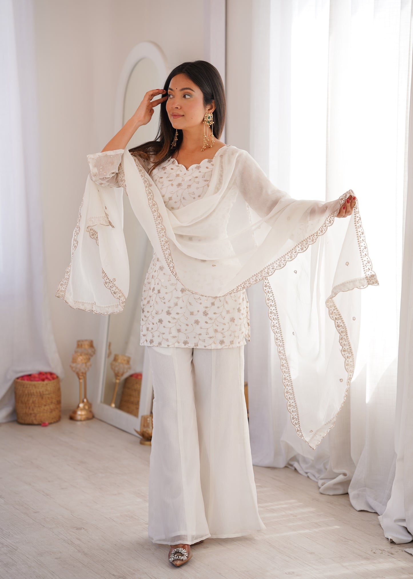 Elegant Embroidered Crunchy Silk Straight Kurta Set with Bell Bottom Palazzo