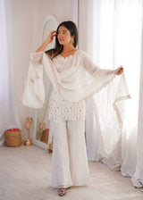 Elegant Embroidered Crunchy Silk Straight Kurta Set with Bell Bottom Palazzo