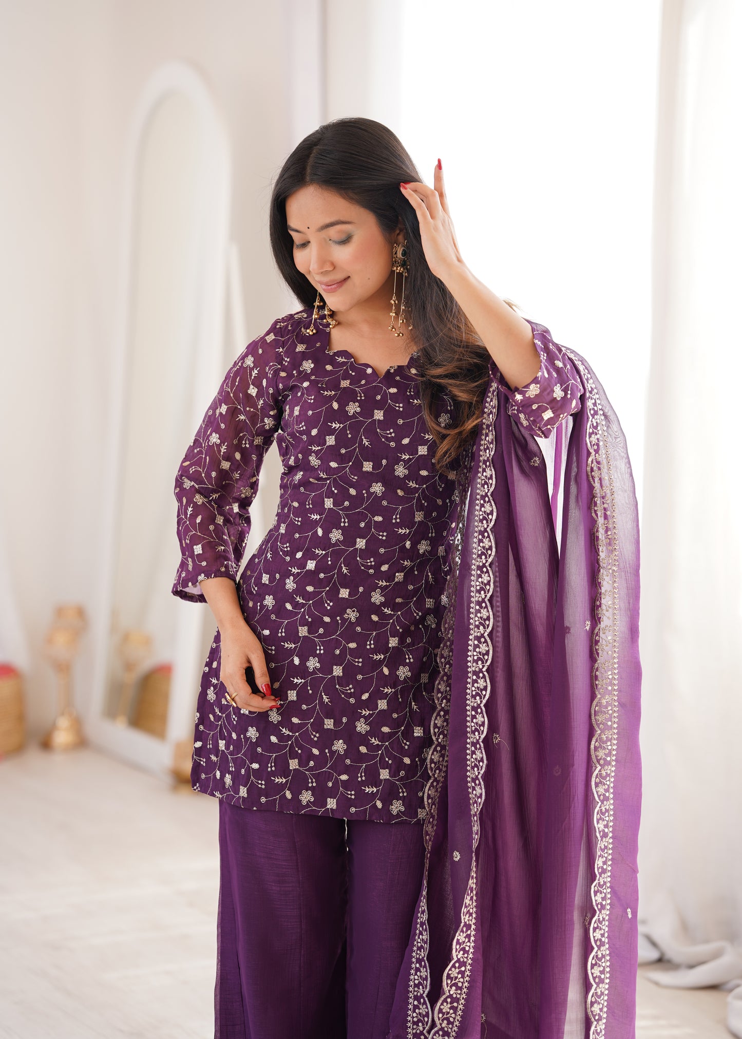 Elegant Embroidered Crunchy Silk Straight Kurta Set with Bell Bottom Palazzo