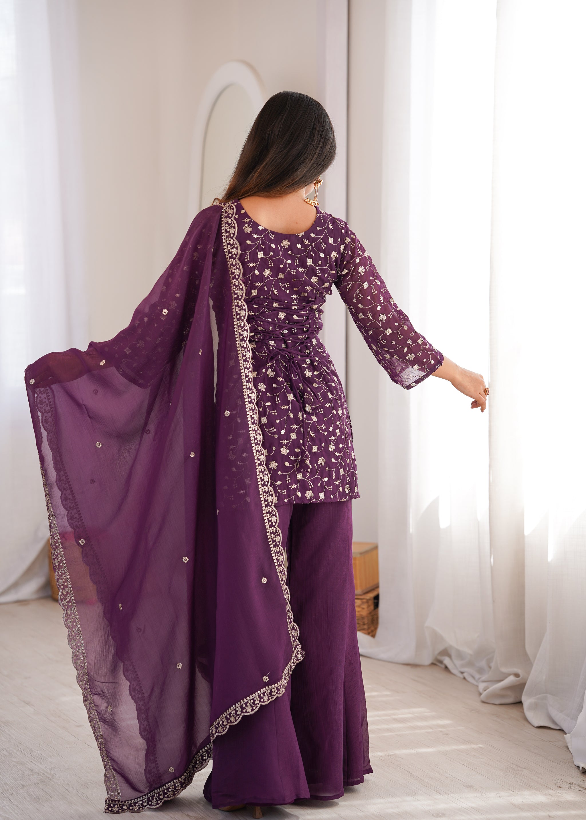 Elegant Embroidered Crunchy Silk Straight Kurta Set with Bell Bottom Palazzo