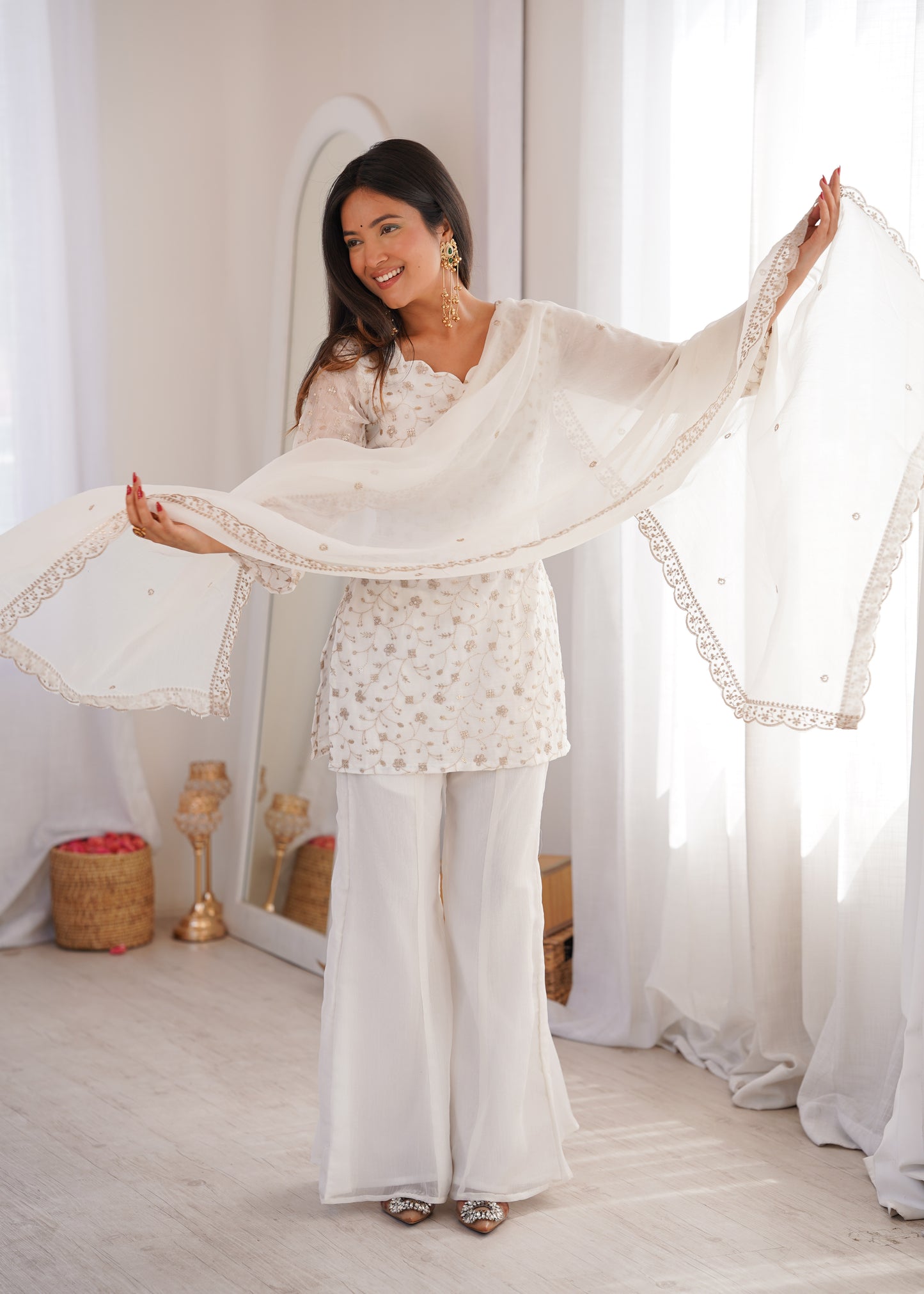 Elegant Embroidered Crunchy Silk Straight Kurta Set with Bell Bottom Palazzo