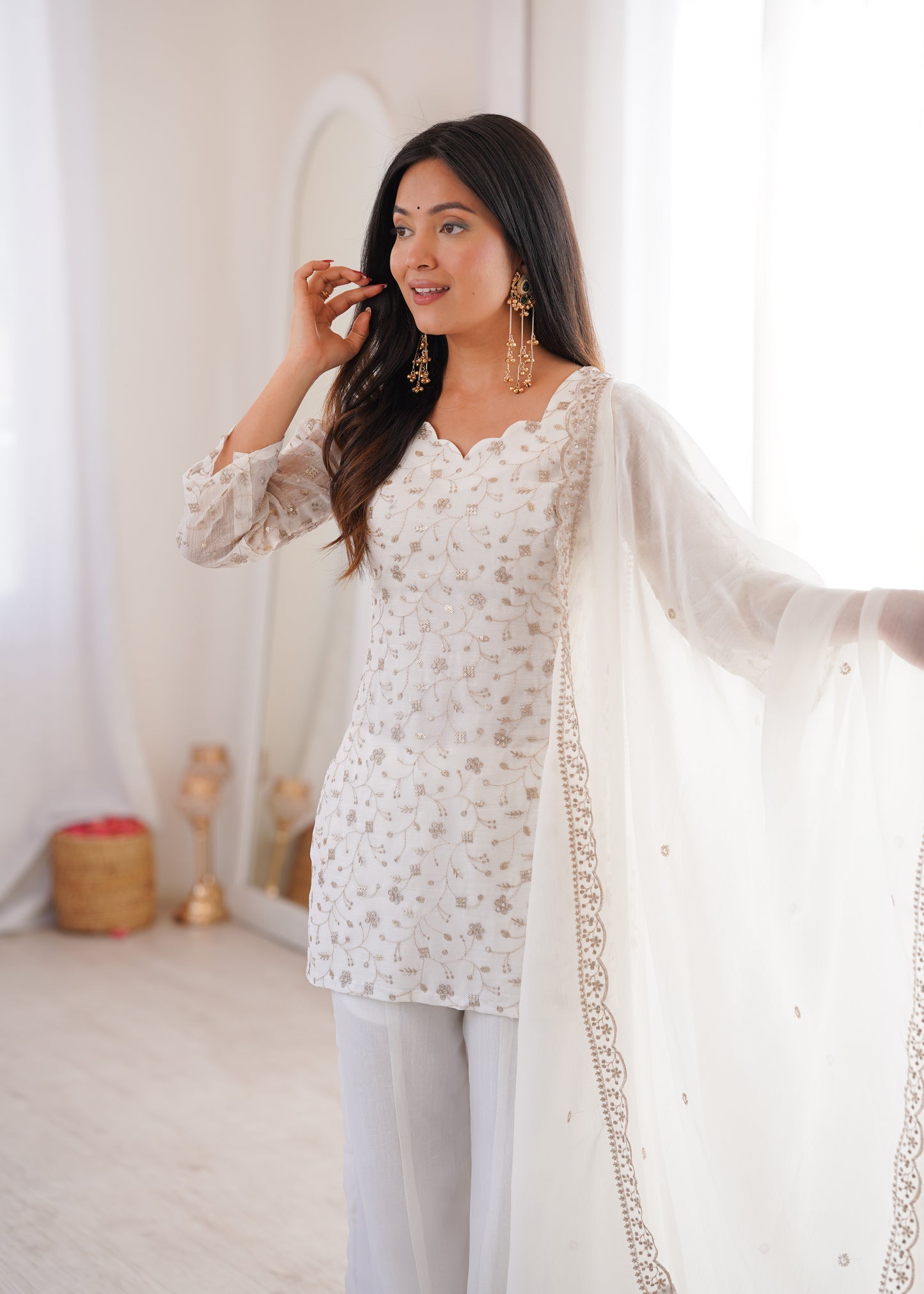 Elegant Embroidered Crunchy Silk Straight Kurta Set with Bell Bottom Palazzo