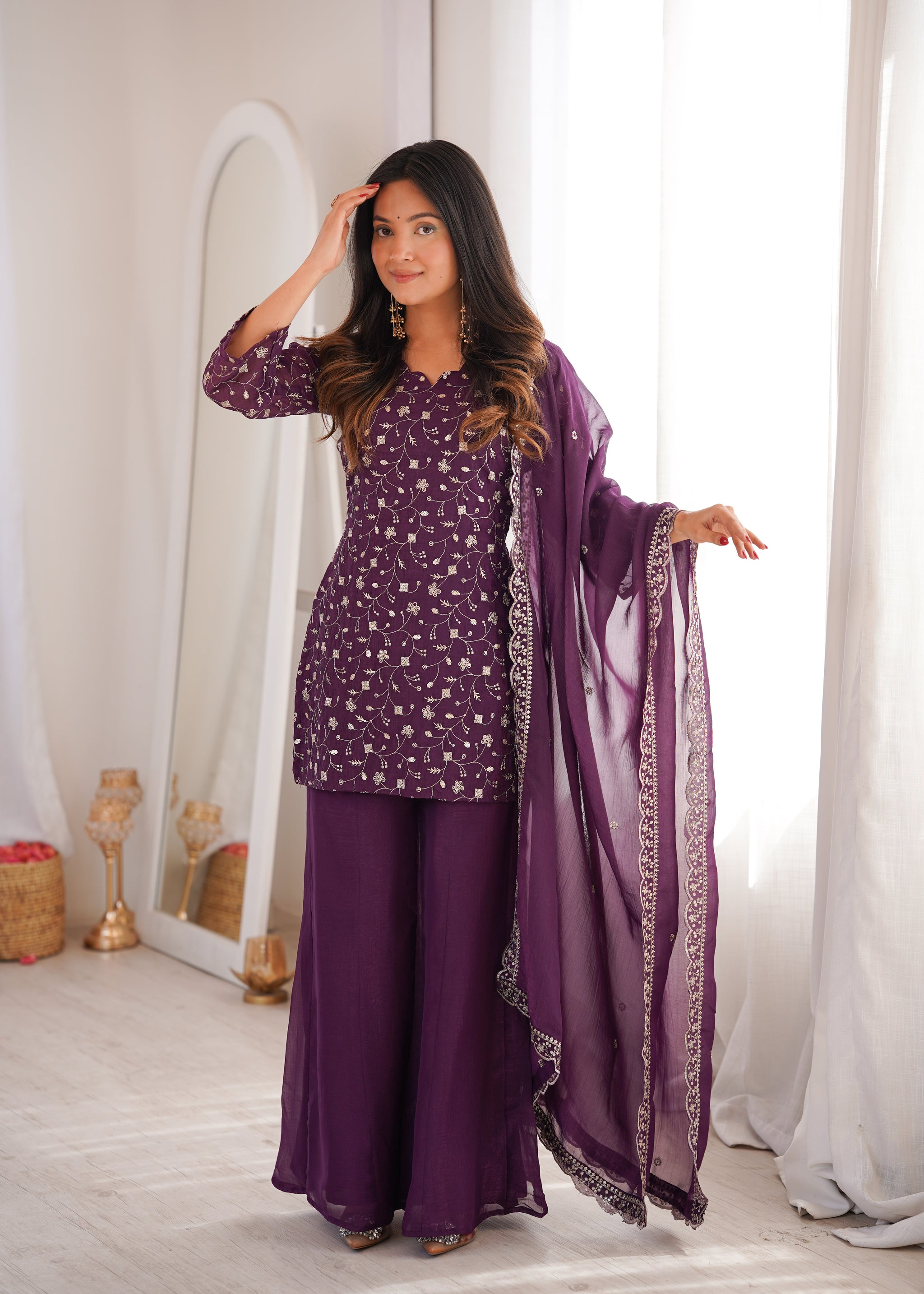 Elegant Embroidered Crunchy Silk Straight Kurta Set with Bell Bottom Palazzo
