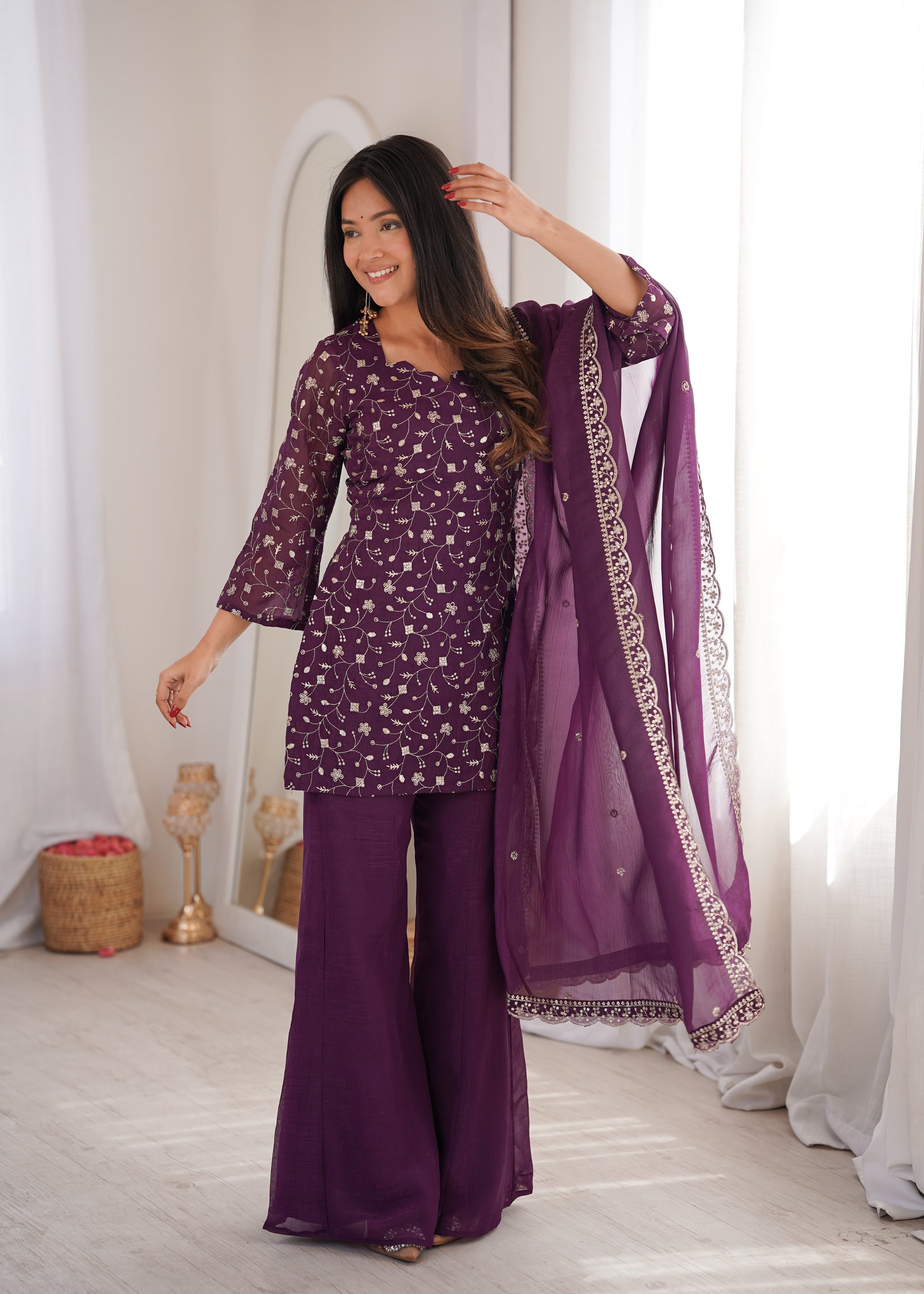 Elegant Embroidered Crunchy Silk Straight Kurta Set with Bell Bottom Palazzo