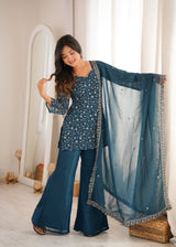 Elegant Embroidered Crunchy Silk Straight Kurta Set with Bell Bottom Palazzo