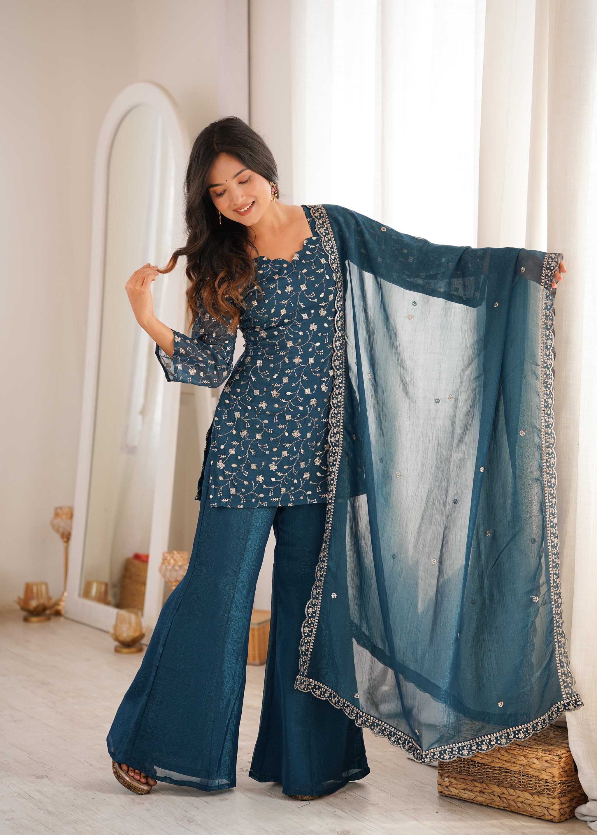 Elegant Embroidered Crunchy Silk Straight Kurta Set with Bell Bottom Palazzo