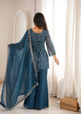 Elegant Embroidered Crunchy Silk Straight Kurta Set with Bell Bottom Palazzo