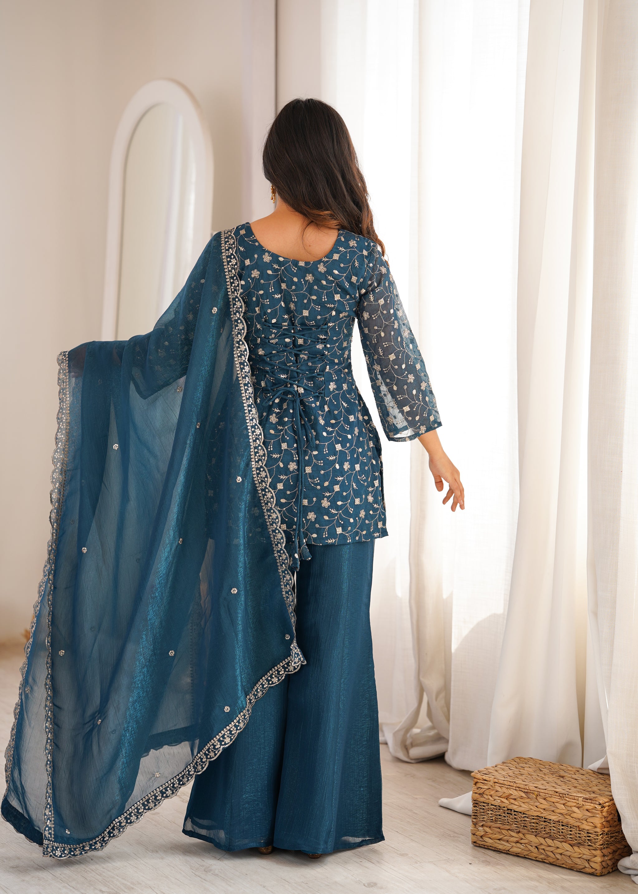 Elegant Embroidered Crunchy Silk Straight Kurta Set with Bell Bottom Palazzo