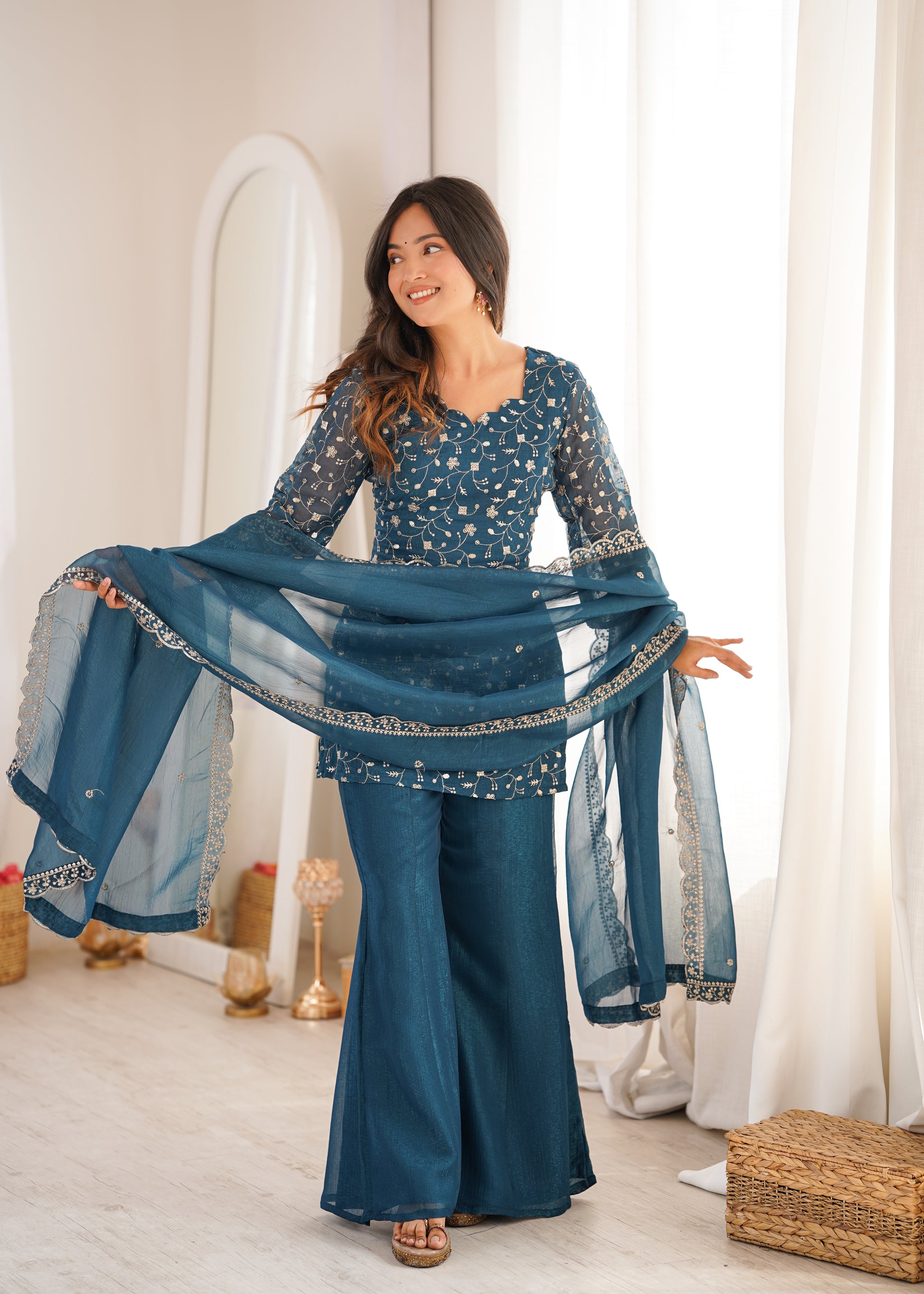 Elegant Embroidered Crunchy Silk Straight Kurta Set with Bell Bottom Palazzo