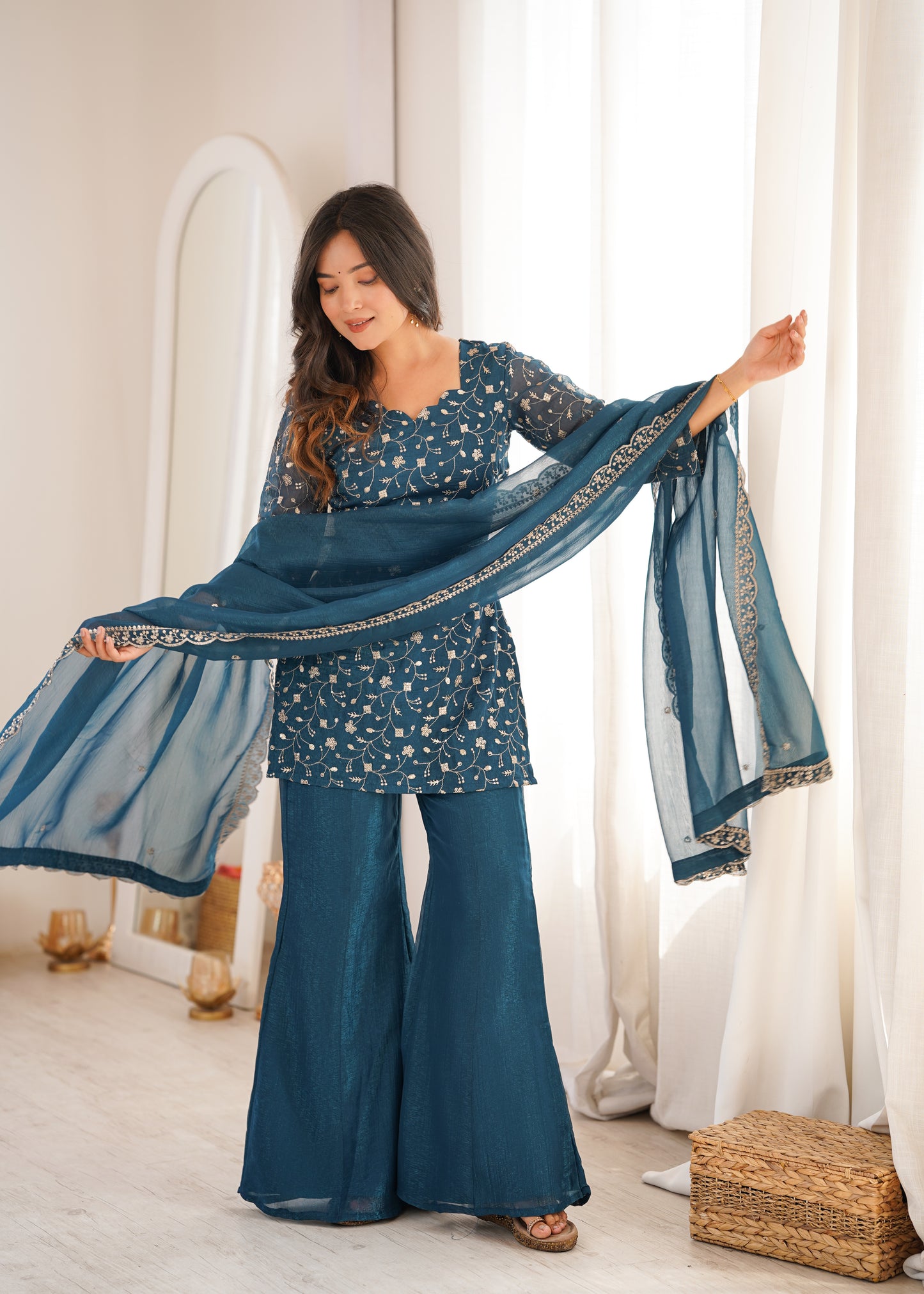 Elegant Embroidered Crunchy Silk Straight Kurta Set with Bell Bottom Palazzo