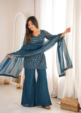 Elegant Embroidered Crunchy Silk Straight Kurta Set with Bell Bottom Palazzo