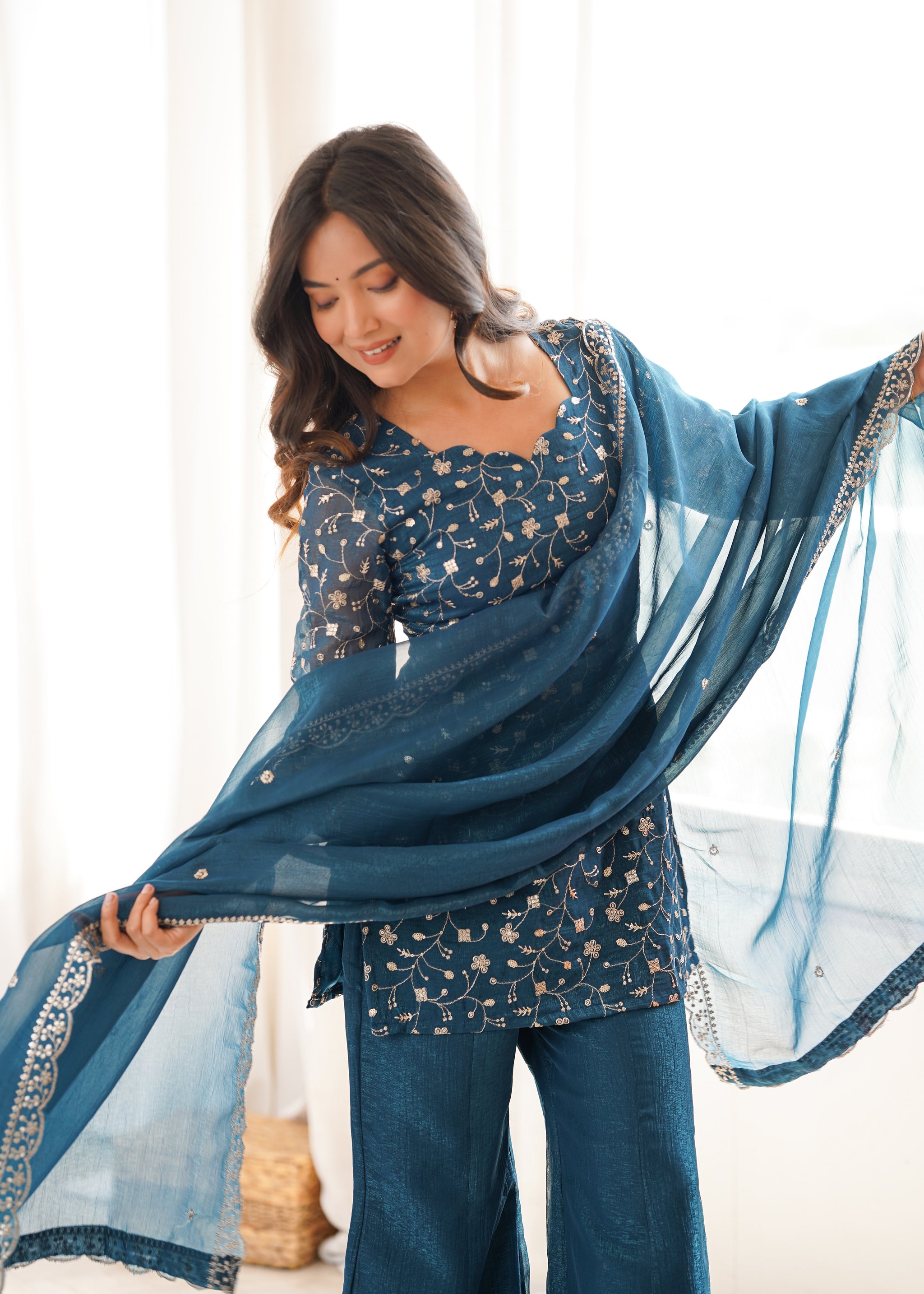 Elegant Embroidered Crunchy Silk Straight Kurta Set with Bell Bottom Palazzo