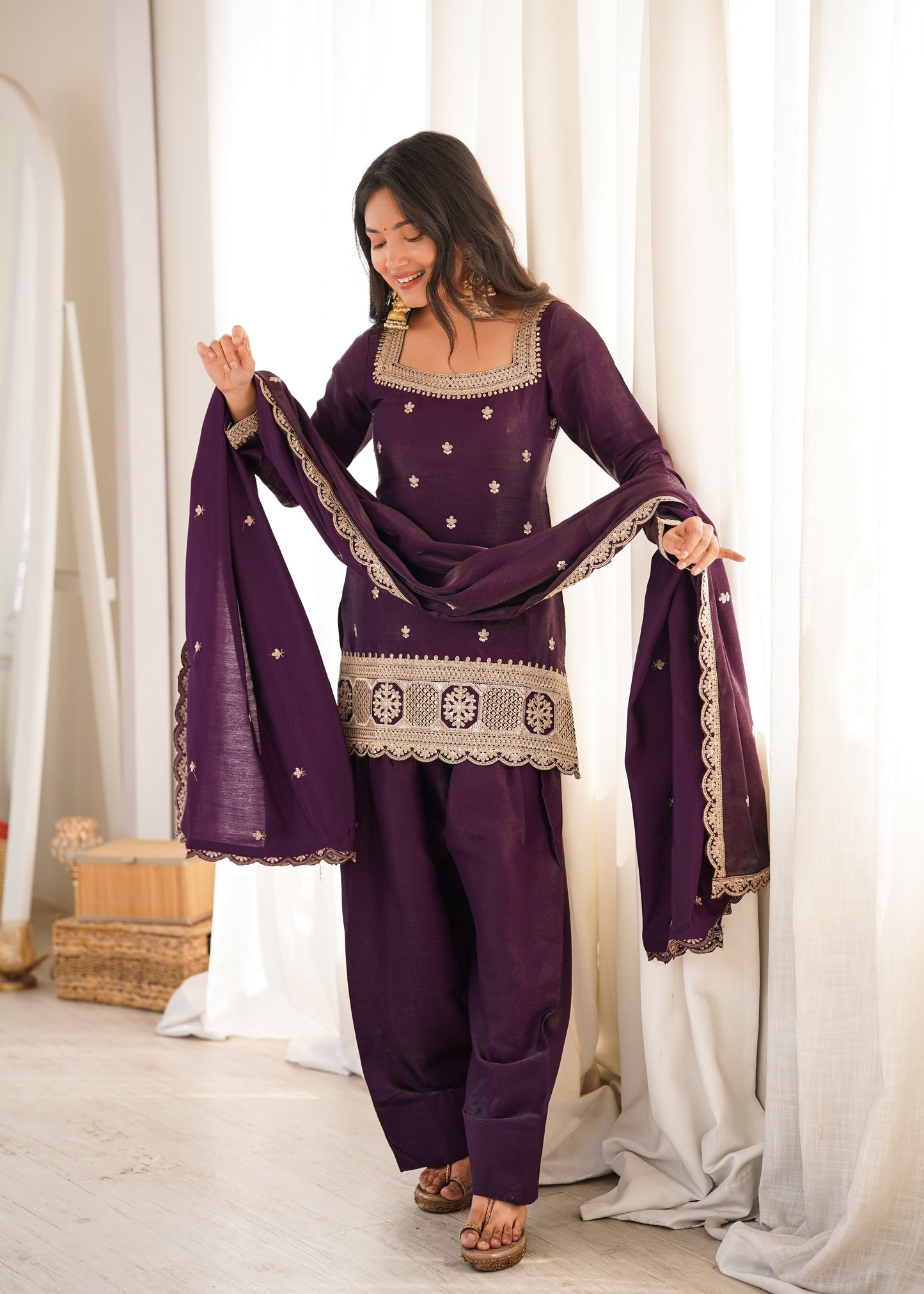 Premium Glass Roman Silk Embroidered Kurta Farshi Salwar Set with Dupatta for Women