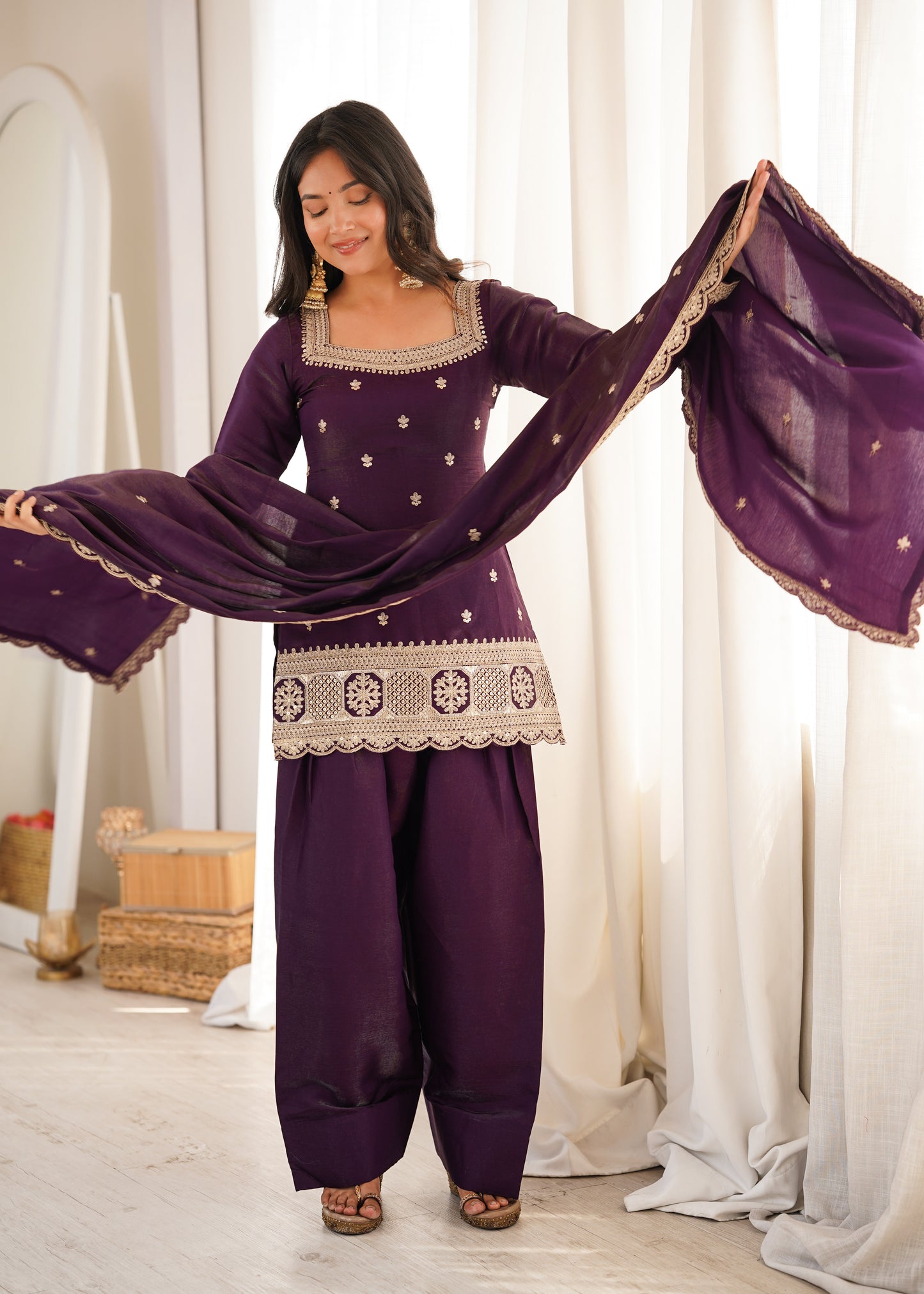 Premium Glass Roman Silk Embroidered Kurta Farshi Salwar Set with Dupatta for Women