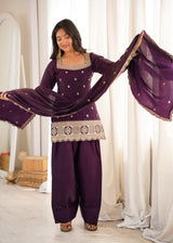 Premium Glass Roman Silk Embroidered Kurta Farshi Salwar Set with Dupatta for Women
